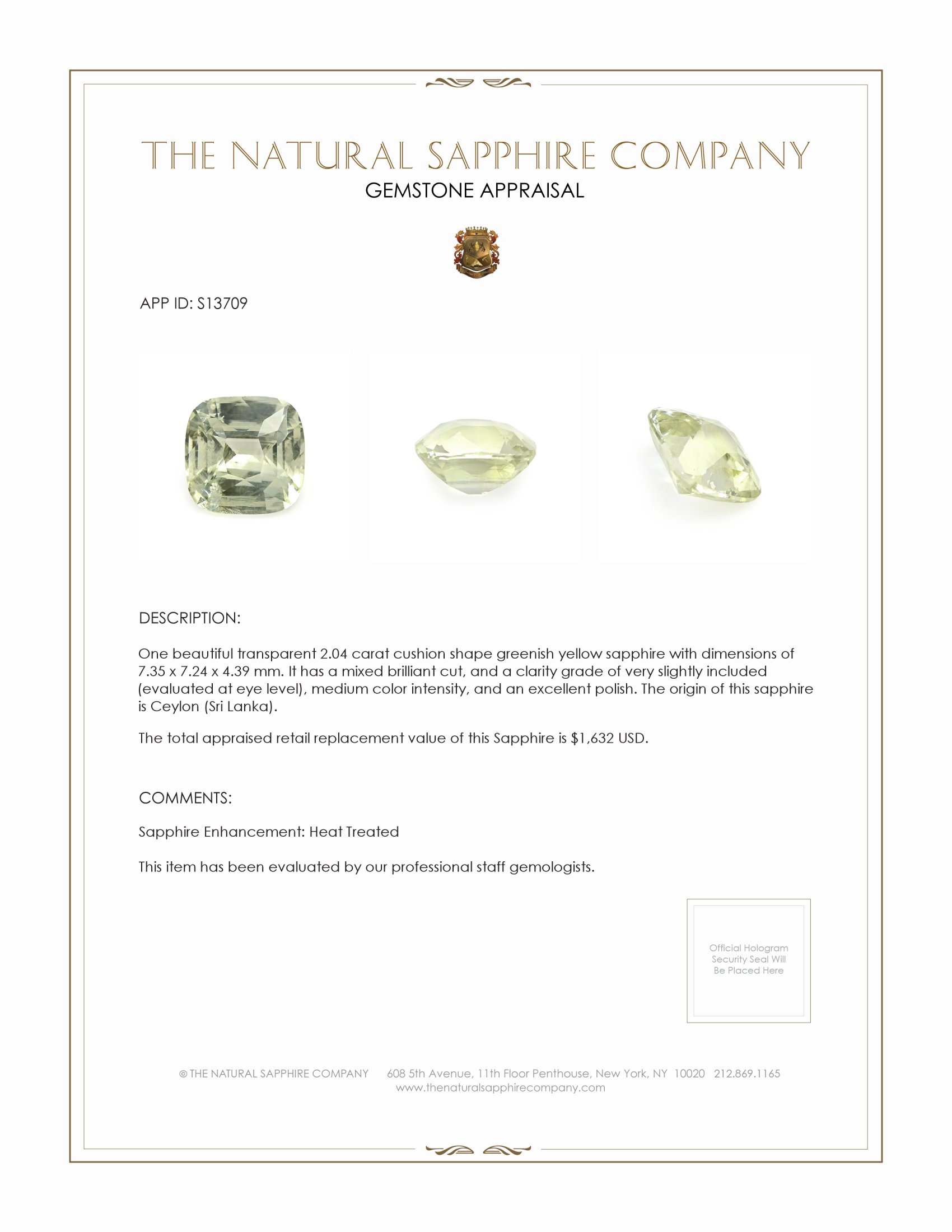 2.04 Ct. Greenish Yellow Sapphire from Ceylon (Sri Lanka)