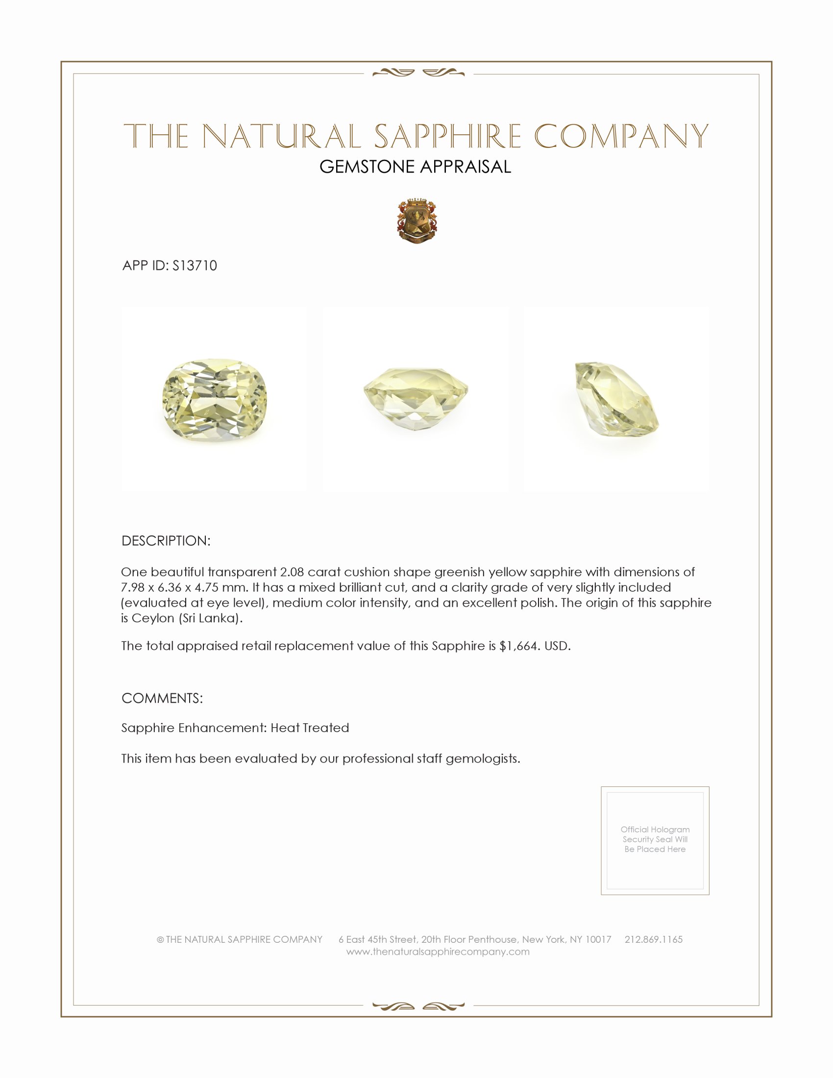2.08 Ct. Greenish Yellow Sapphire from Ceylon (Sri Lanka)