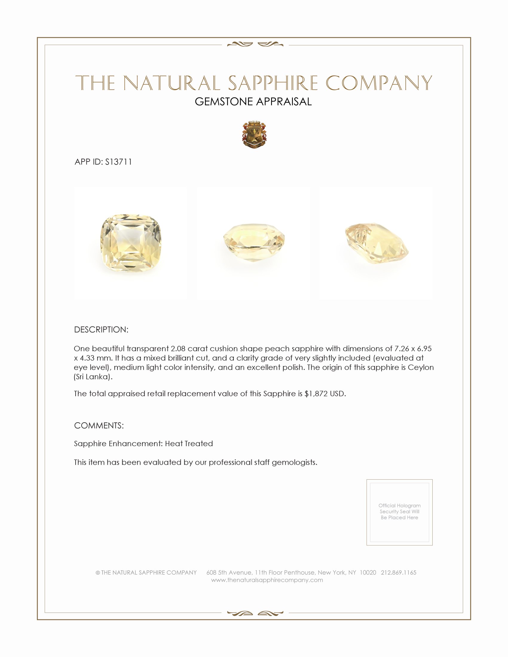 2.08 Ct. Peach Sapphire from Ceylon (Sri Lanka)