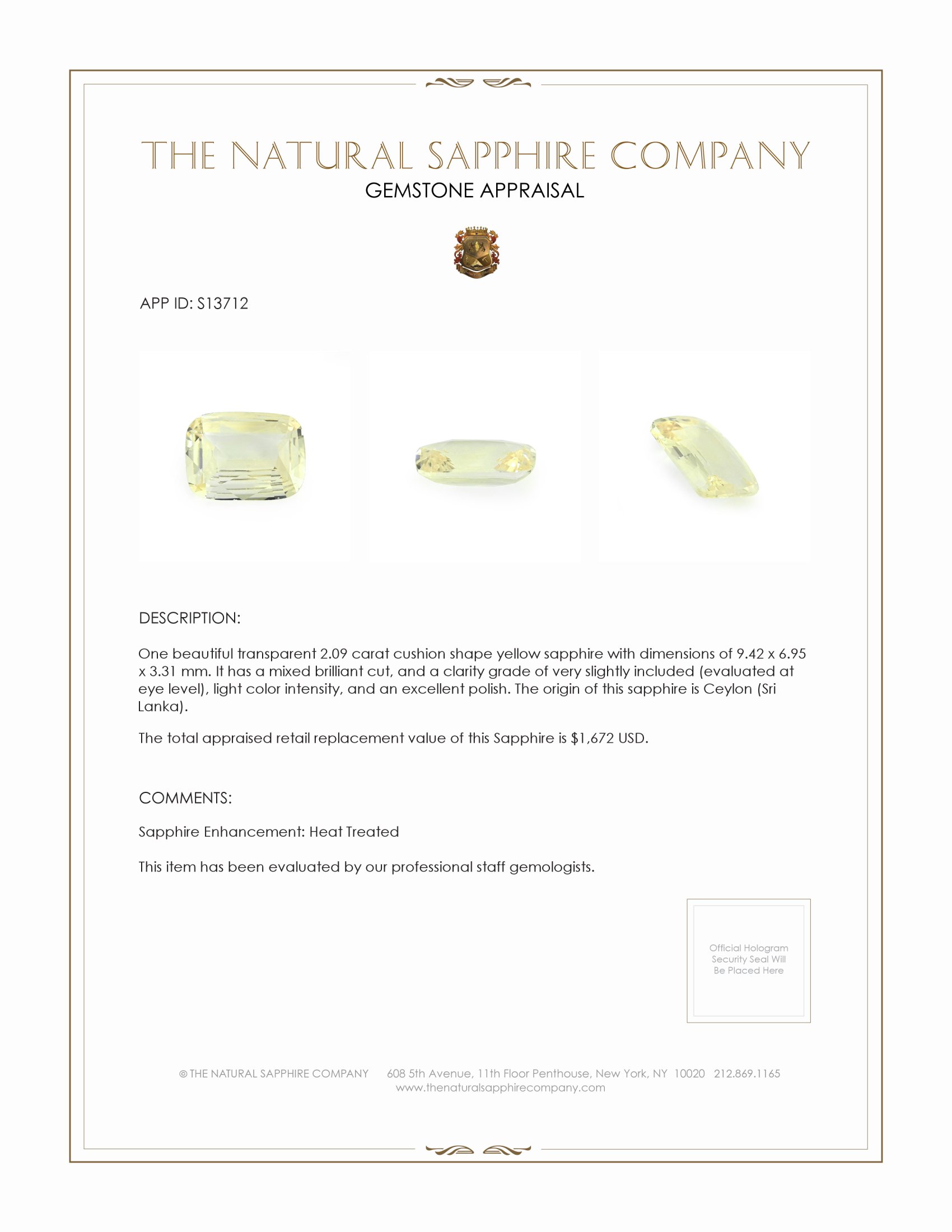 2.09 Ct. Yellow Sapphire from Ceylon (Sri Lanka)