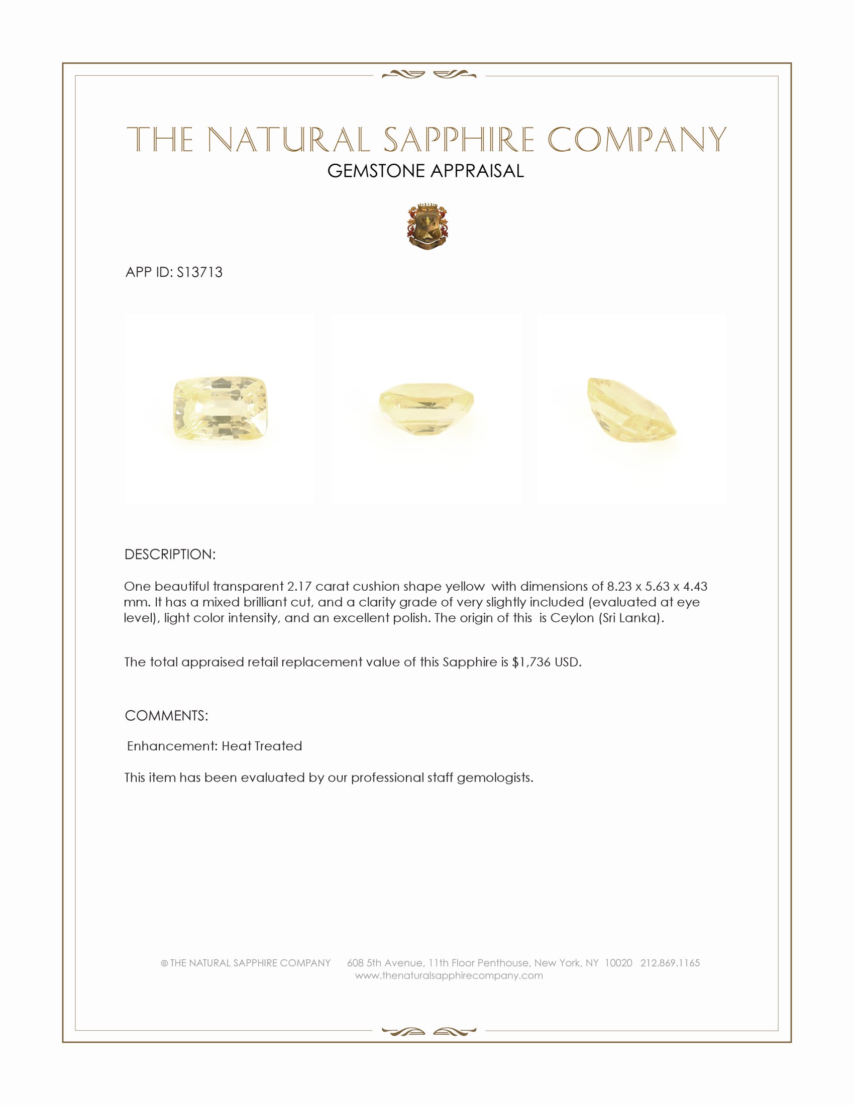 2.17 Ct. Yellow Sapphire from Ceylon (Sri Lanka)