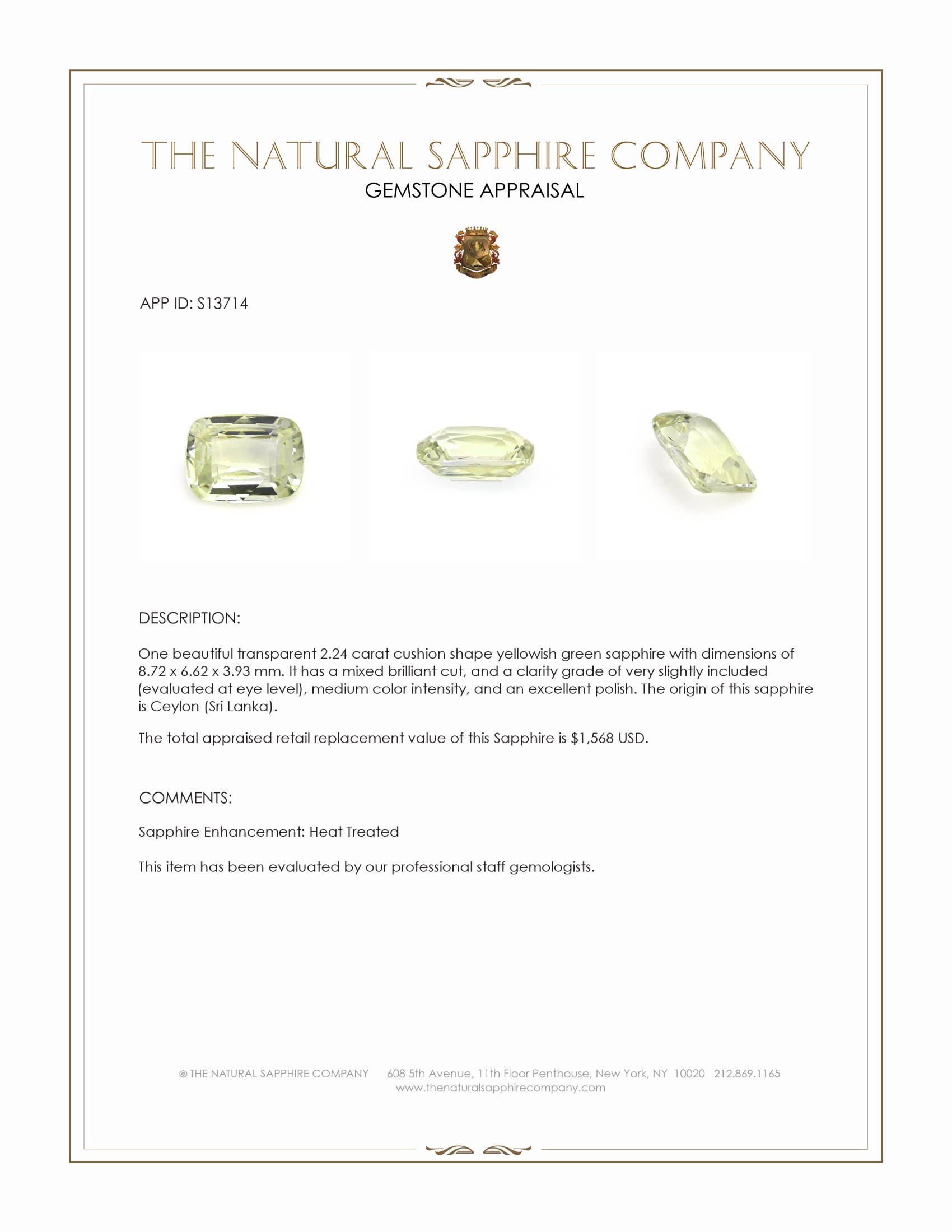 2.24 Ct. Yellowish Green Sapphire from Ceylon (Sri Lanka)