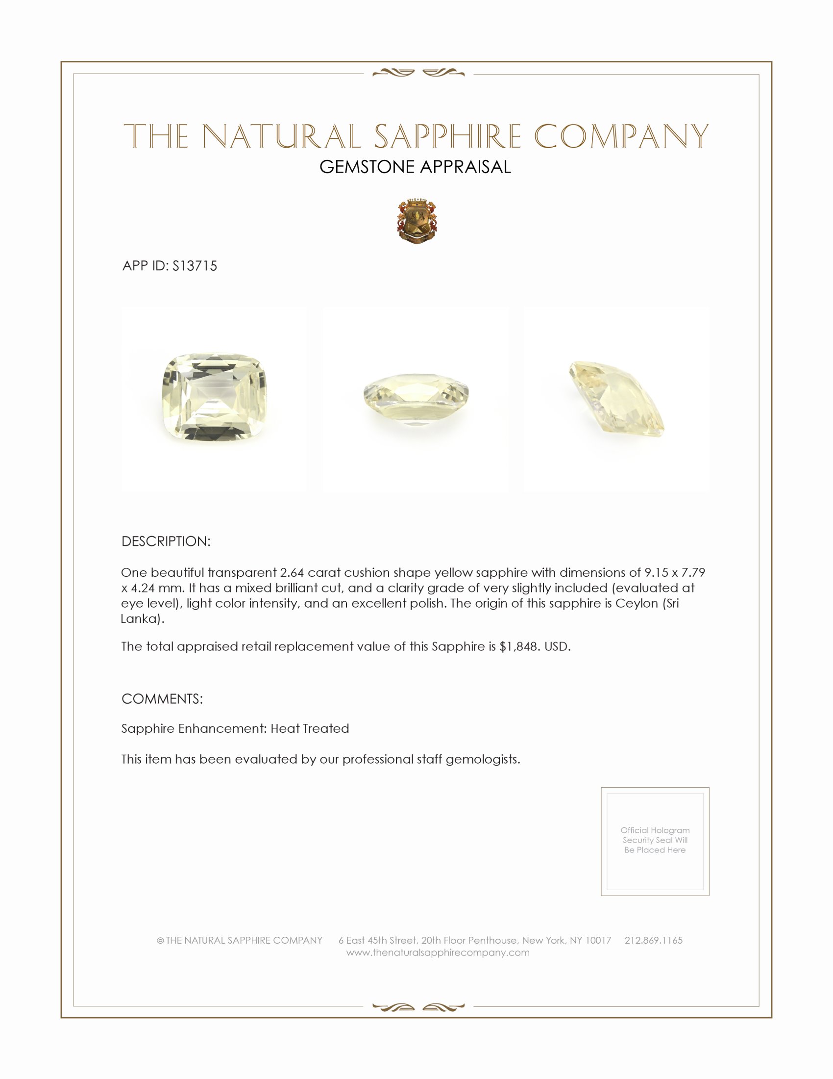 2.64 Ct. Yellow Sapphire from Ceylon (Sri Lanka)