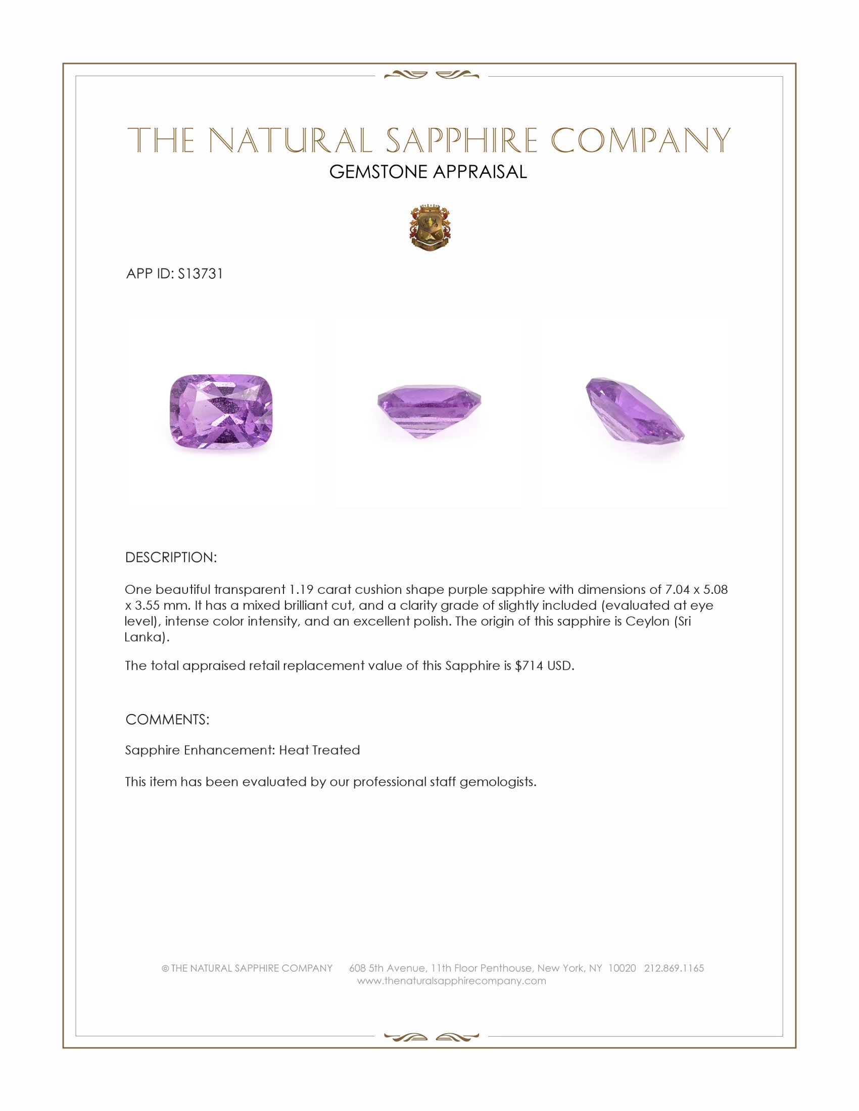 1.19 Ct. Purple Sapphire from Ceylon (Sri Lanka)