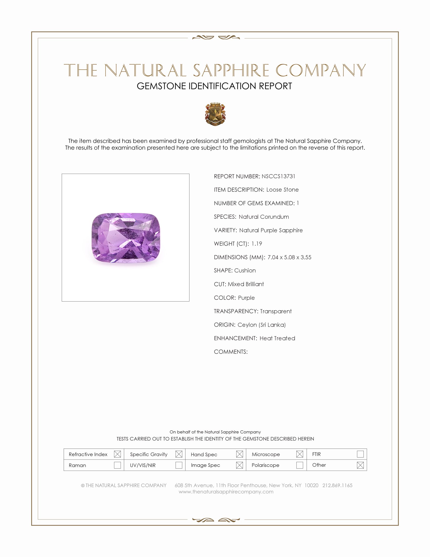 1.19 Ct. Purple Sapphire from Ceylon (Sri Lanka)