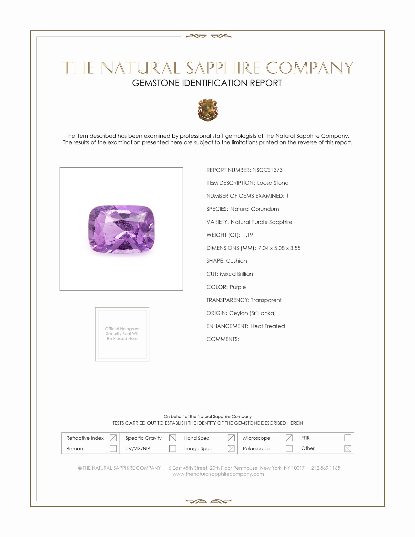 1.19 Ct. Purple Sapphire from Ceylon (Sri Lanka)
