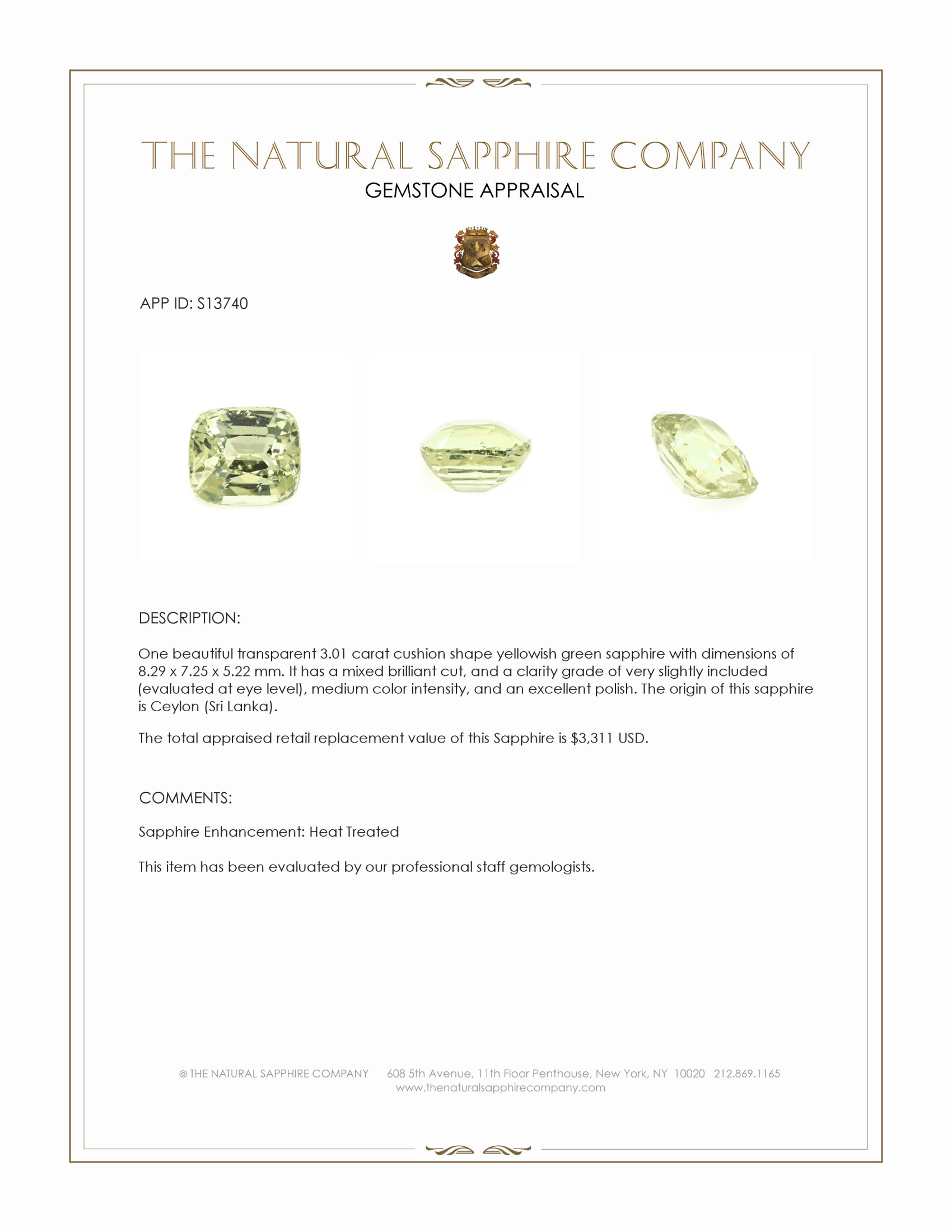 3.01 Ct. Yellowish Green Sapphire from Ceylon (Sri Lanka)