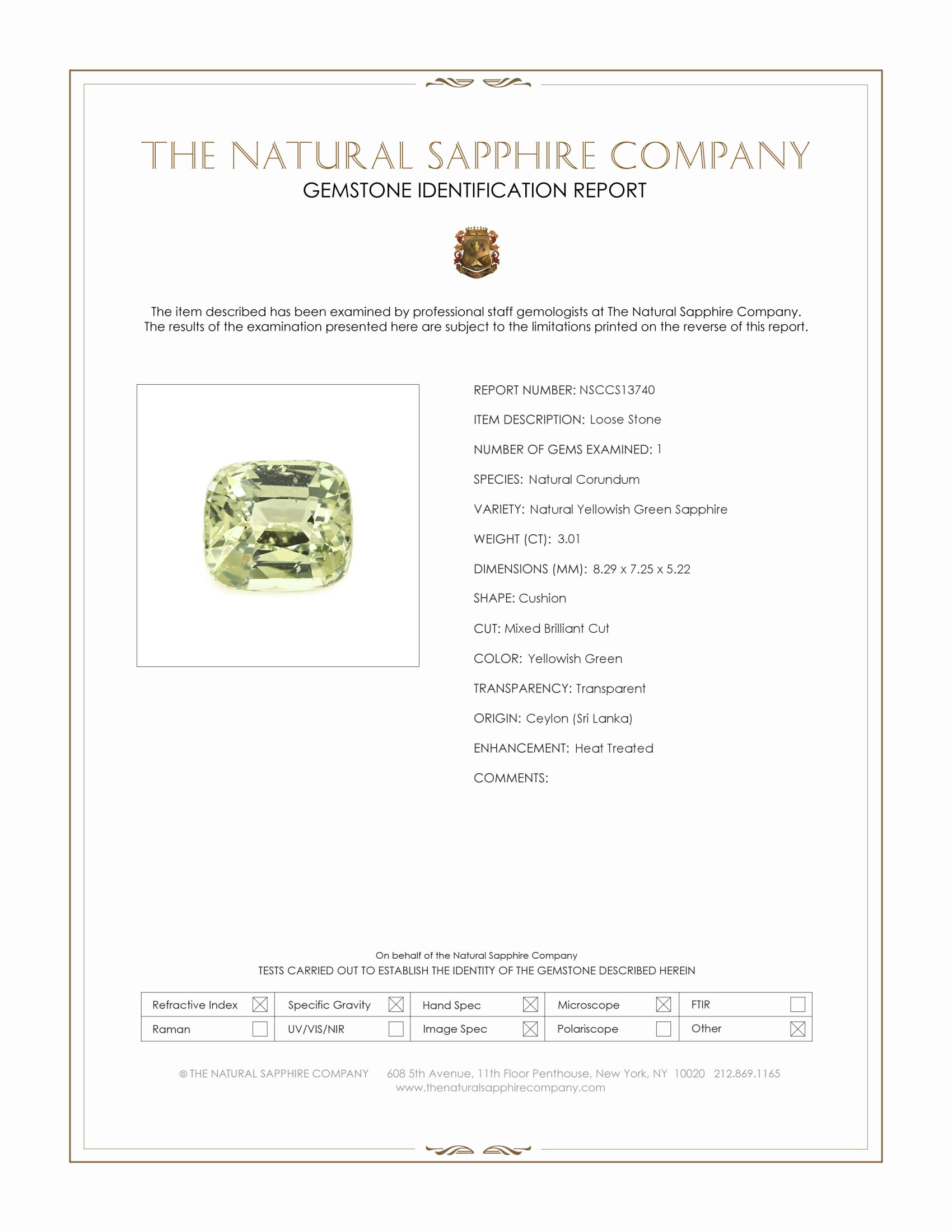 3.01 Ct. Yellowish Green Sapphire from Ceylon (Sri Lanka)