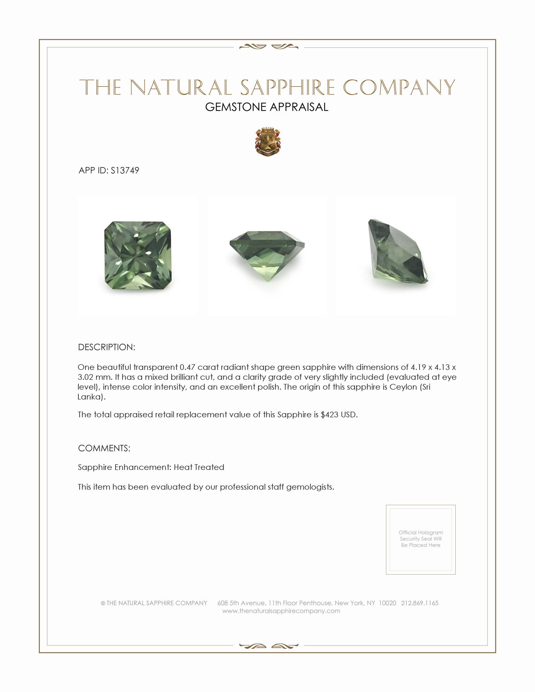 0.47 Ct. Green Sapphire from Ceylon (Sri Lanka)