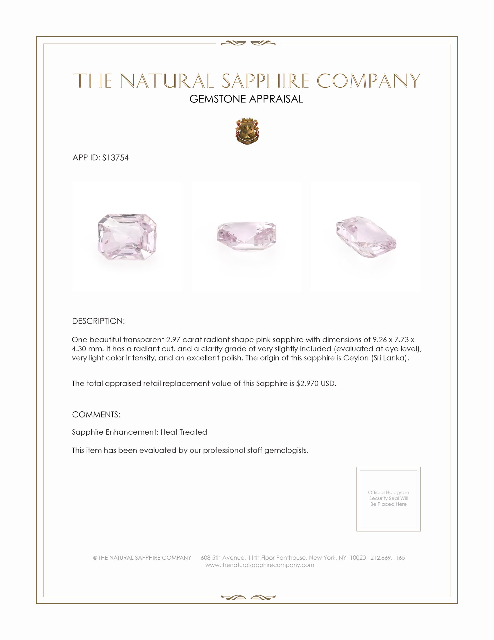 2.97 Ct. Pink Sapphire from Ceylon (Sri Lanka)