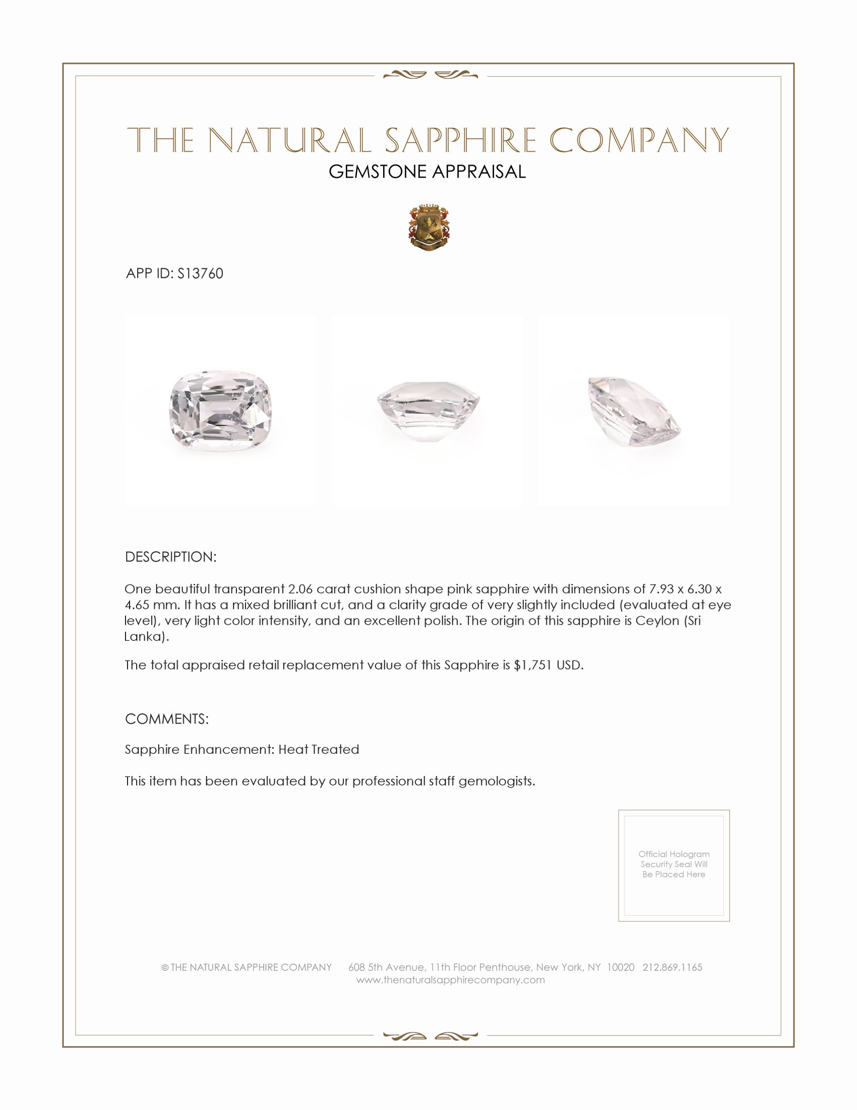 2.06 Ct. Pink Sapphire from Ceylon (Sri Lanka)