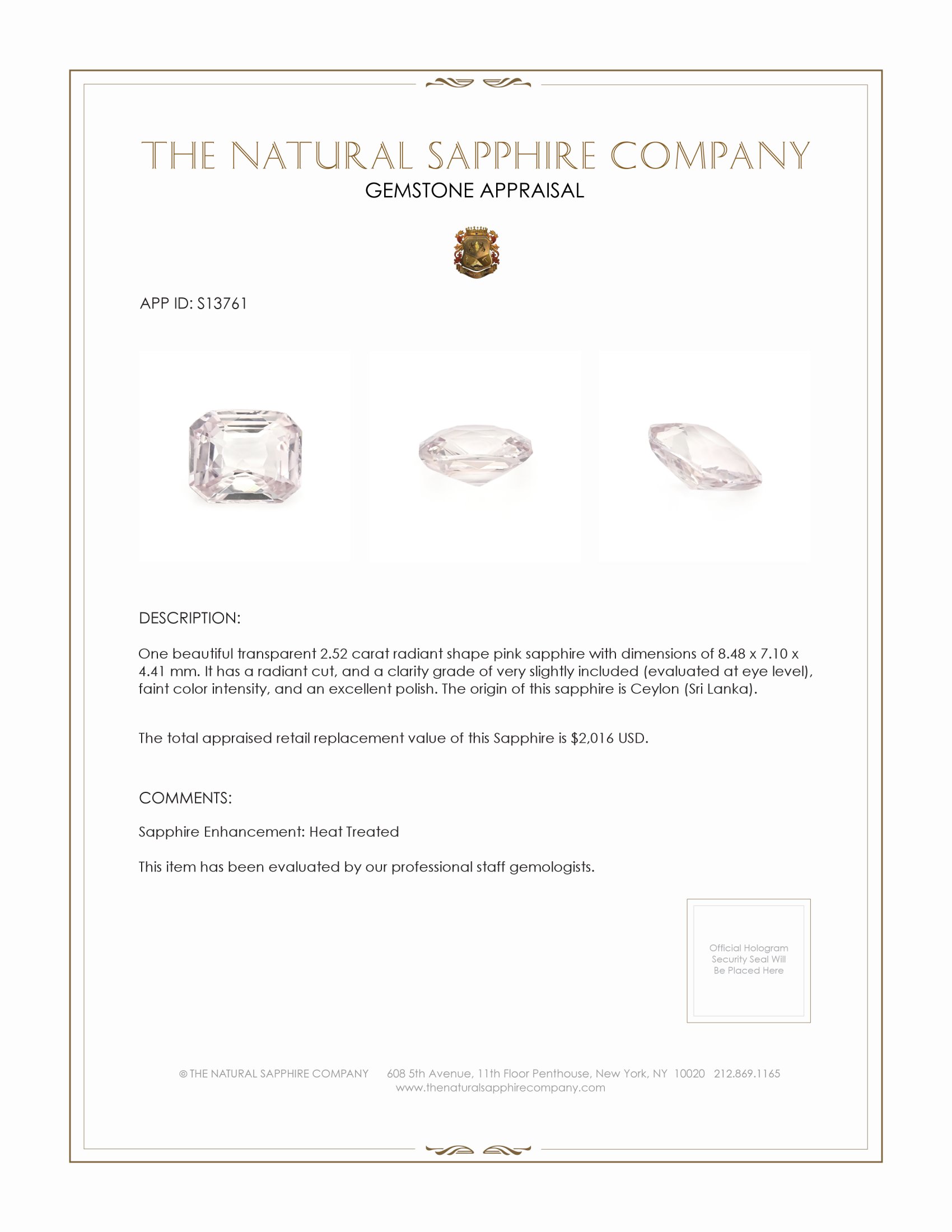 2.52 Ct. Pink Sapphire from Ceylon (Sri Lanka)