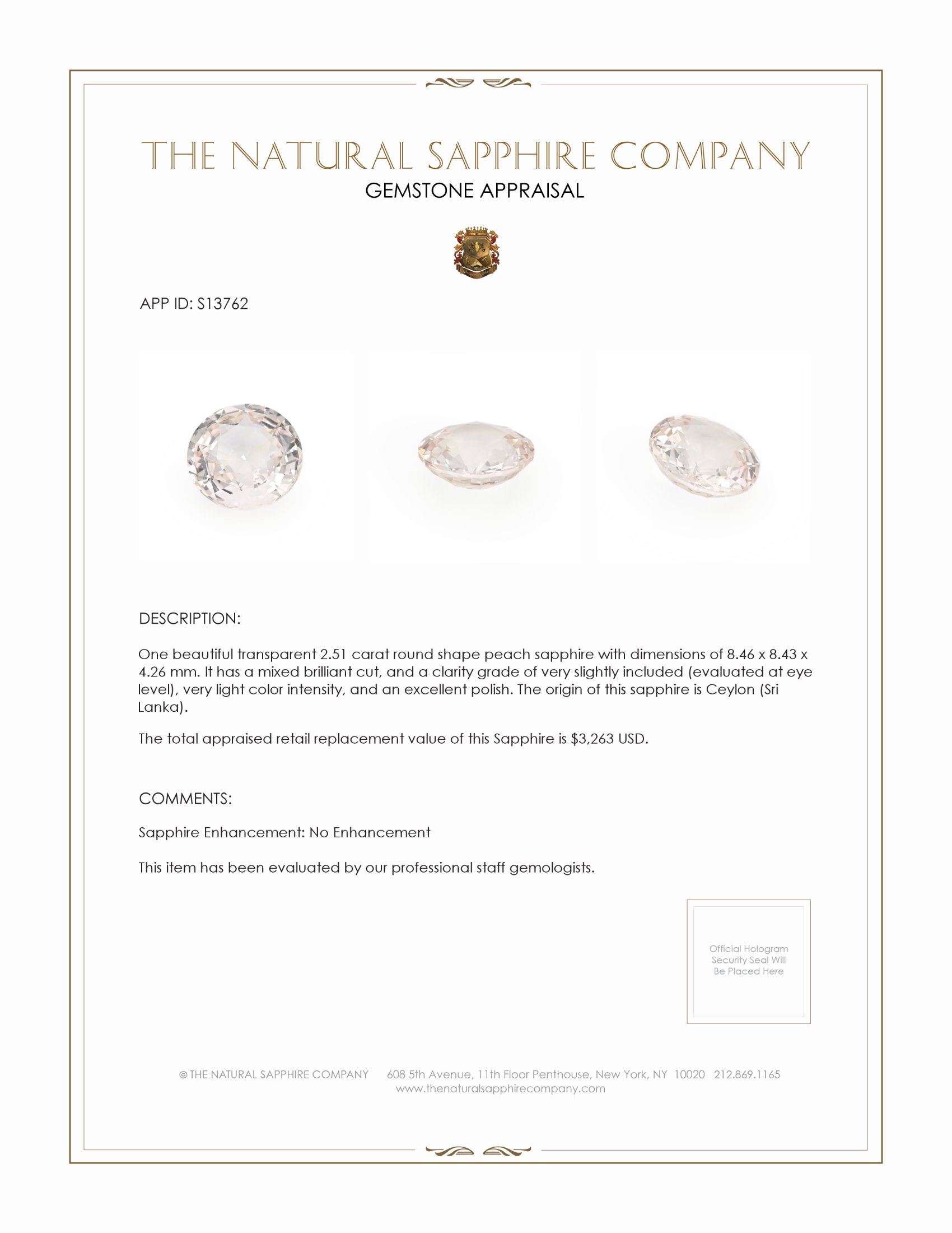 2.51 Ct. Peach Sapphire from Ceylon (Sri Lanka)