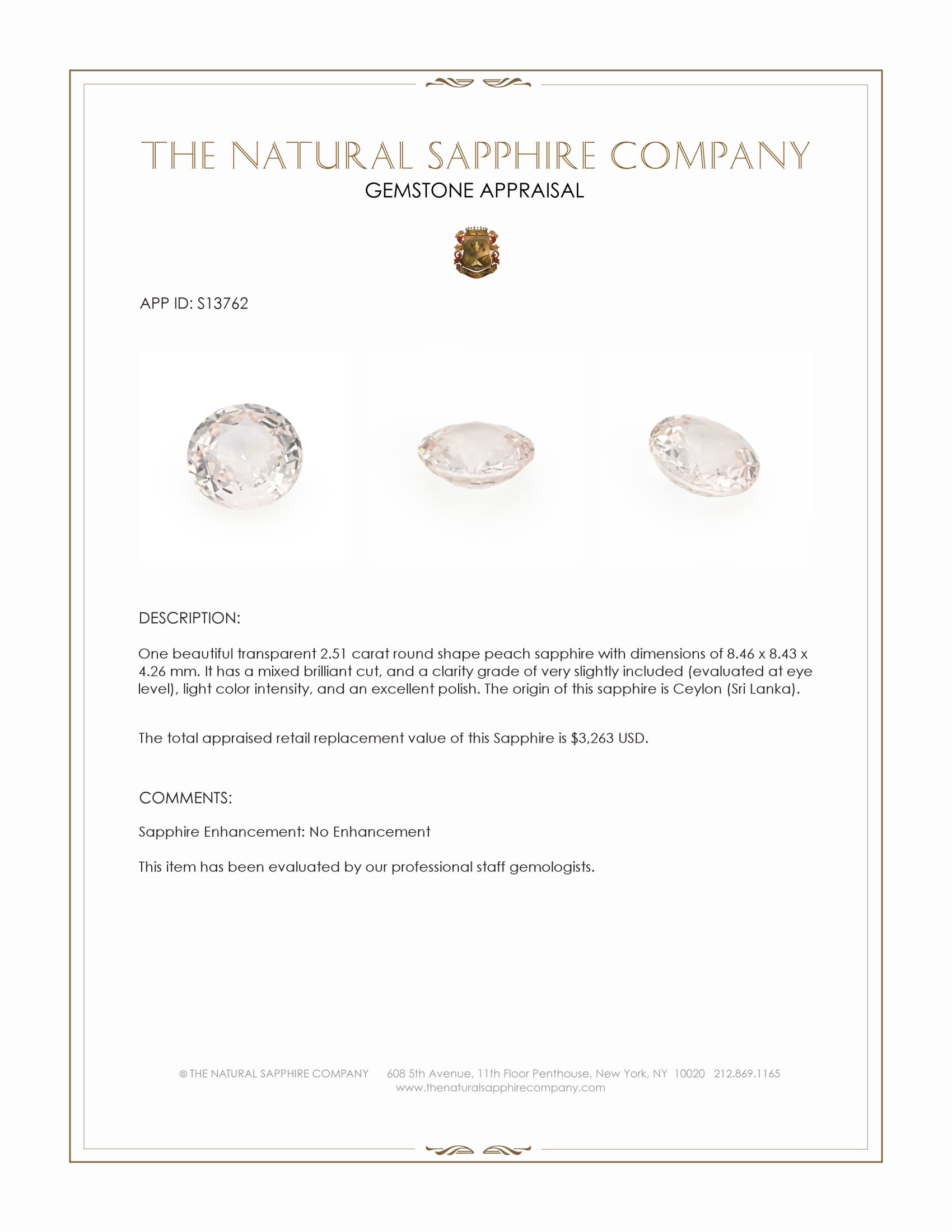 2.51 Ct. Peach Sapphire from Ceylon (Sri Lanka)