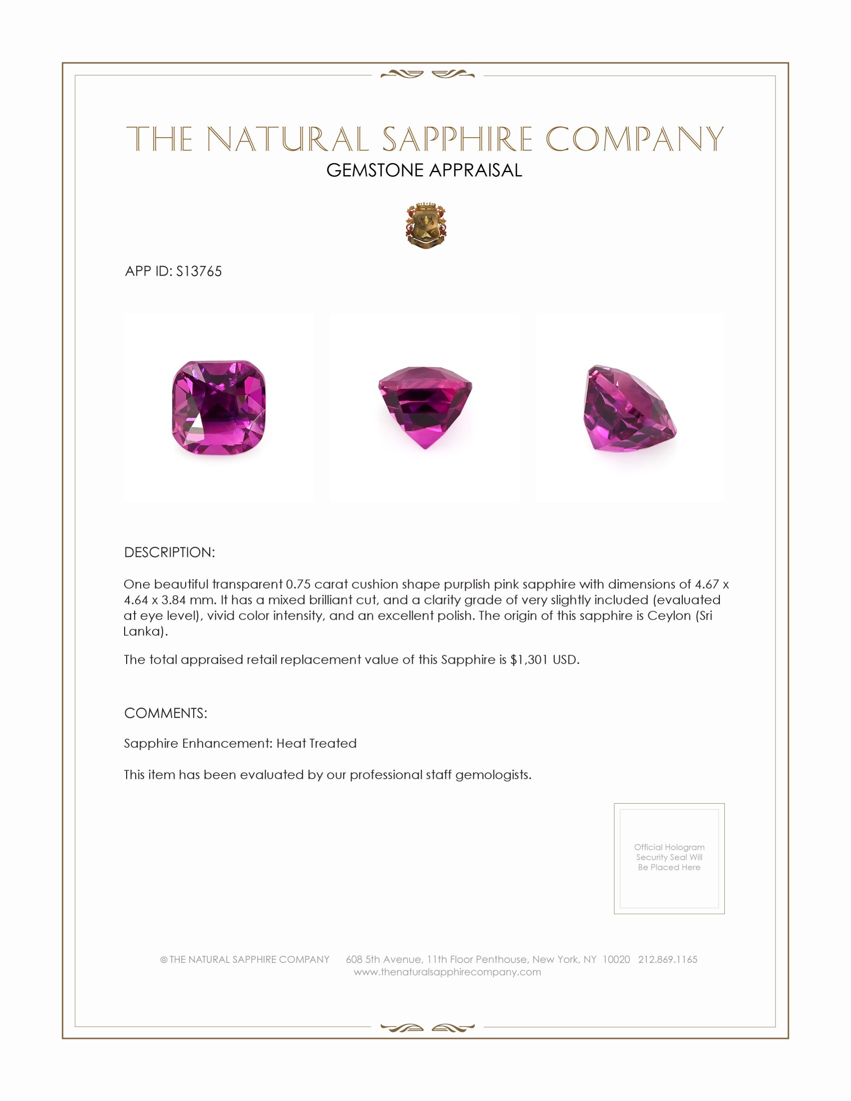 0.75 Ct. Purplish Pink Sapphire from Ceylon (Sri Lanka)