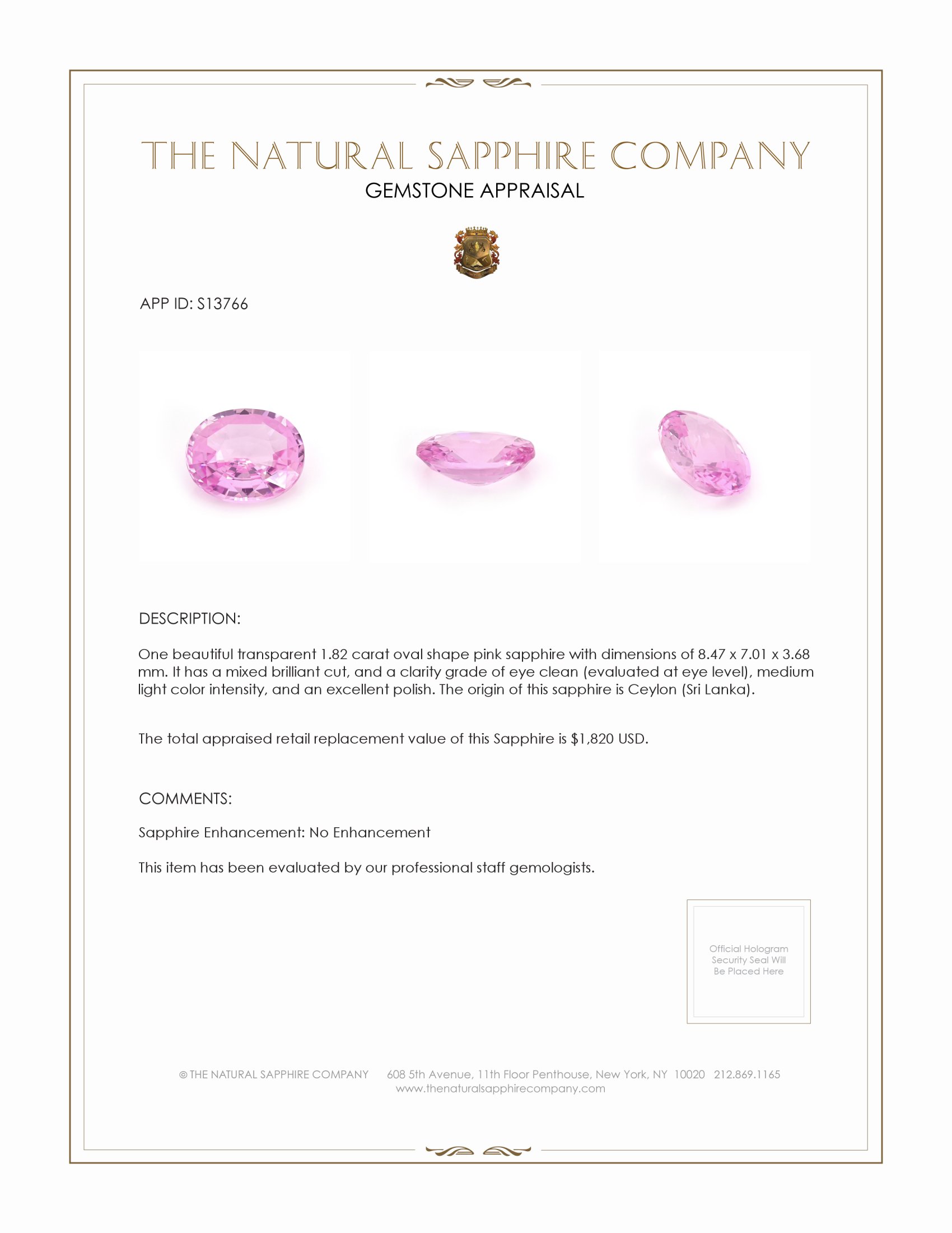 1.82 Ct. Pink Sapphire from Ceylon (Sri Lanka)
