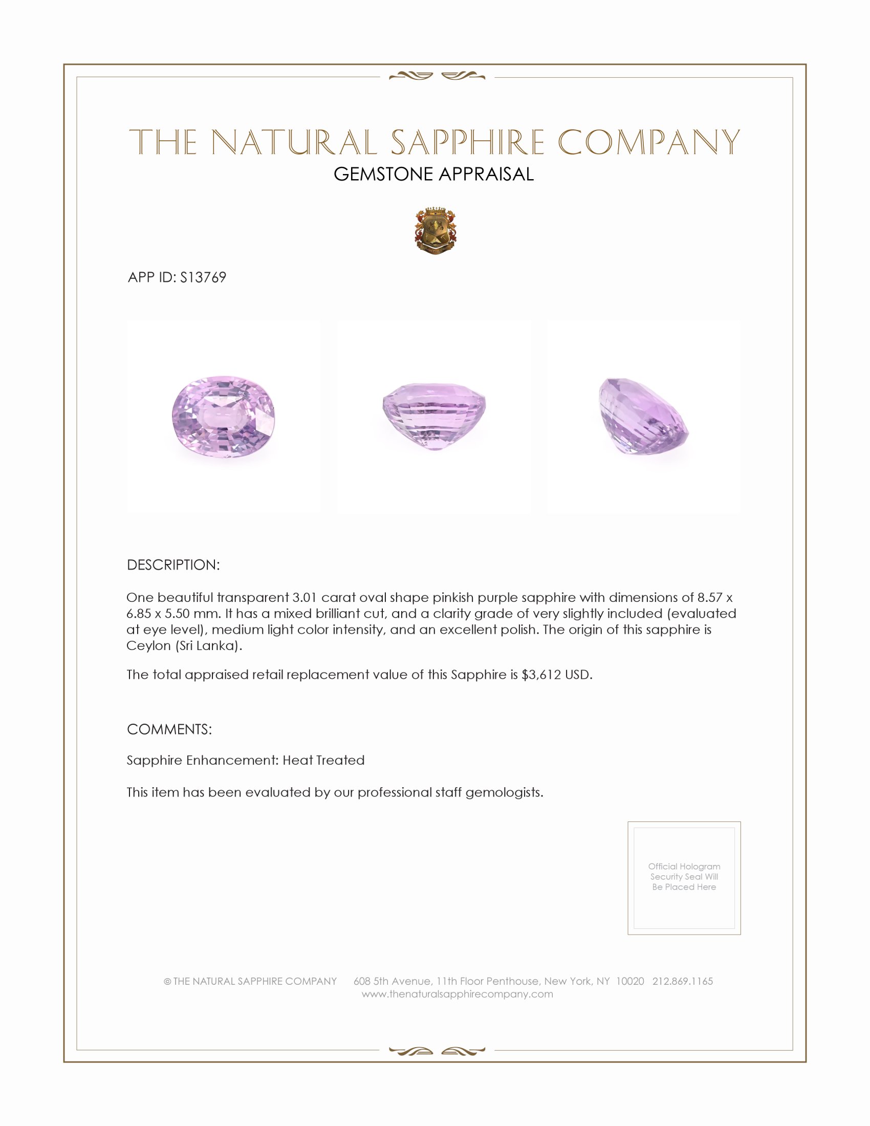 3.01 Ct. Pinkish Purple Sapphire from Ceylon (Sri Lanka)
