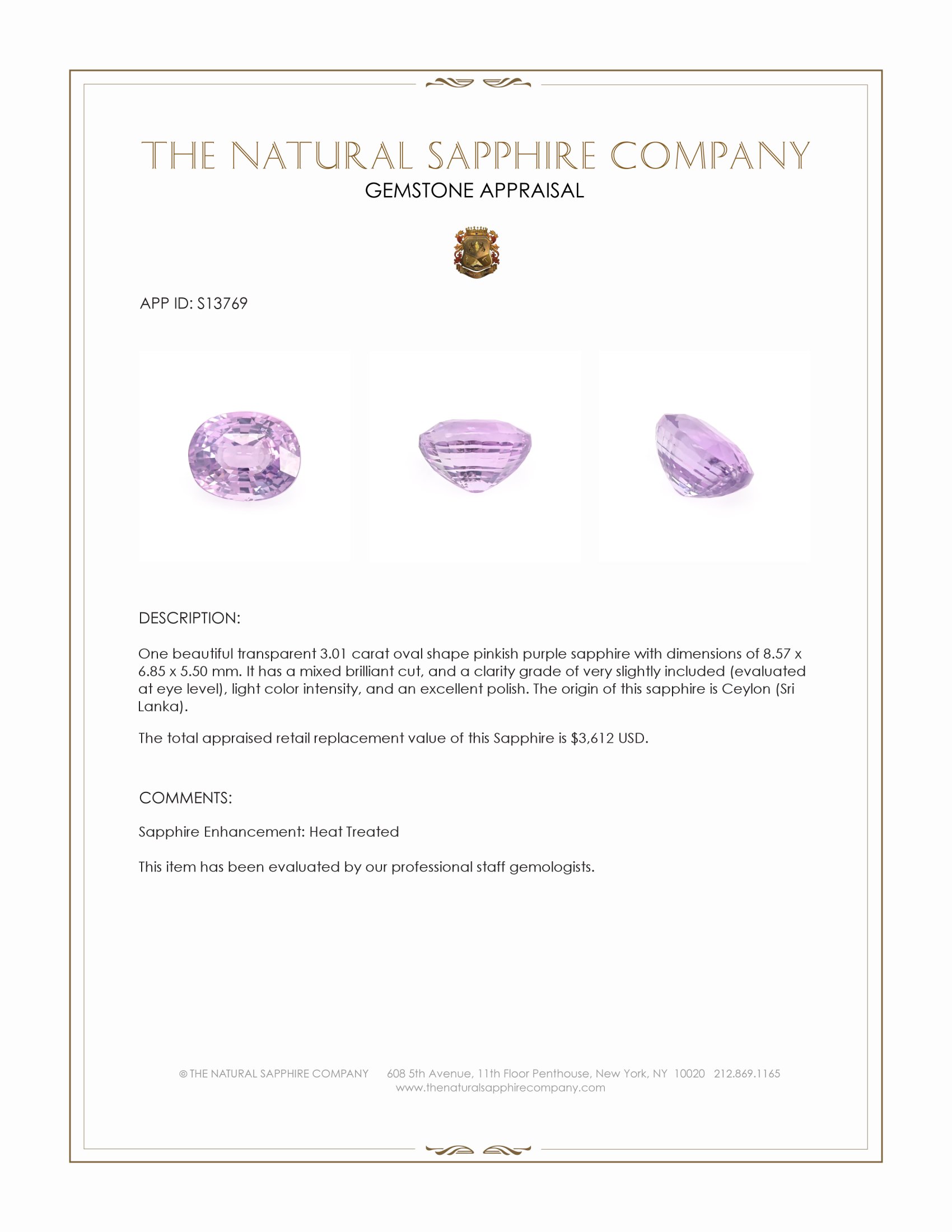 3.01 Ct. Pinkish Purple Sapphire from Ceylon (Sri Lanka)