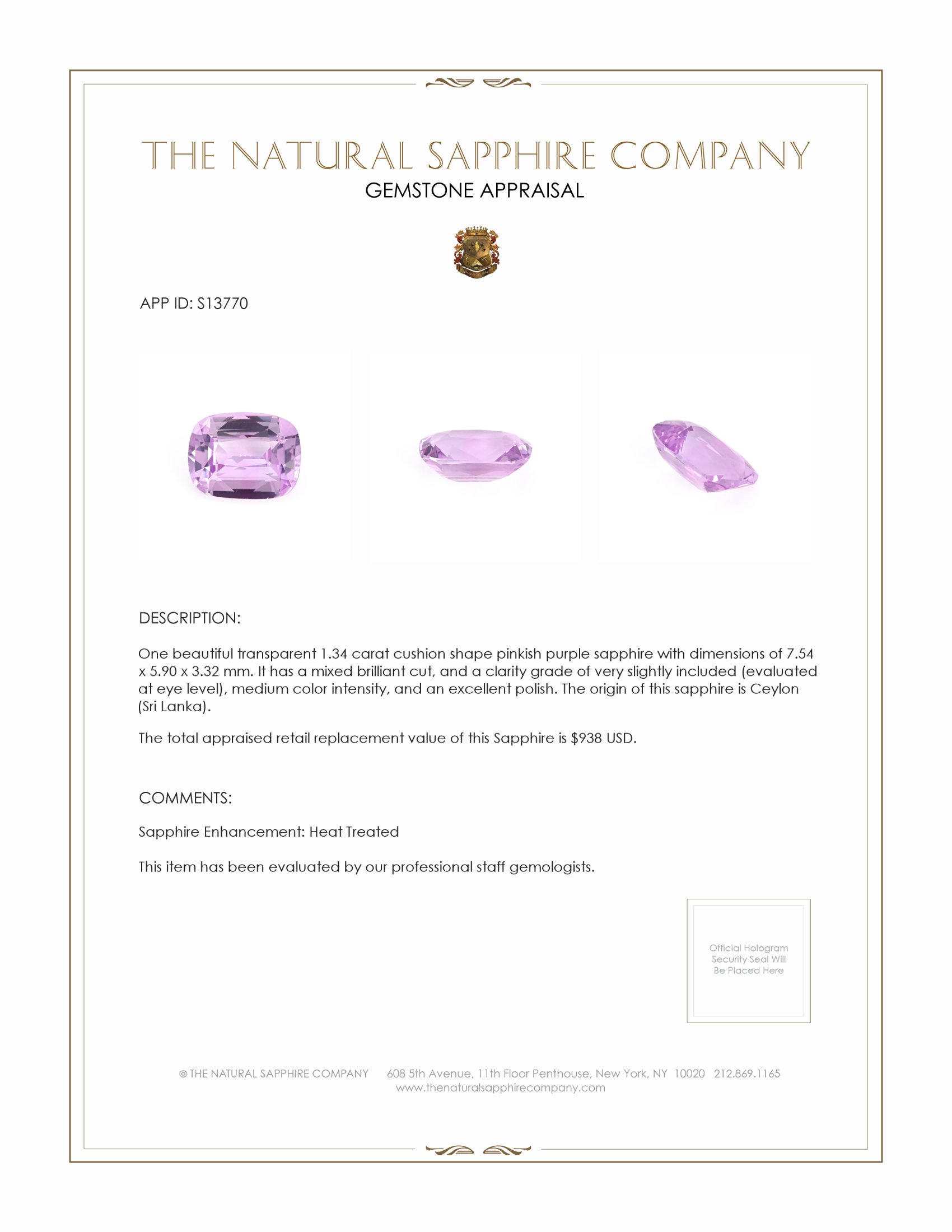 1.34 Ct. Pinkish Purple Sapphire from Ceylon (Sri Lanka)