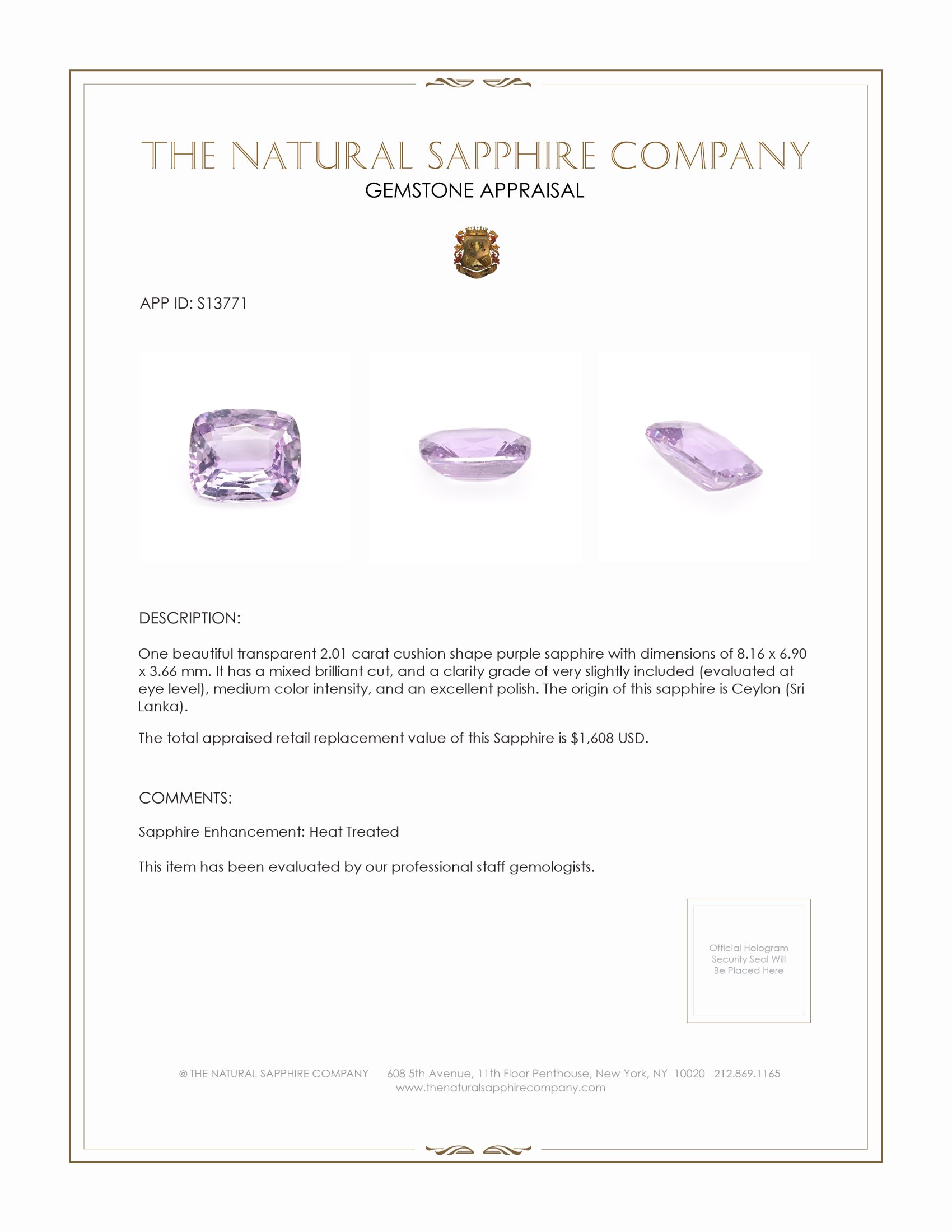 2.01 Ct. Purple Sapphire from Ceylon (Sri Lanka)