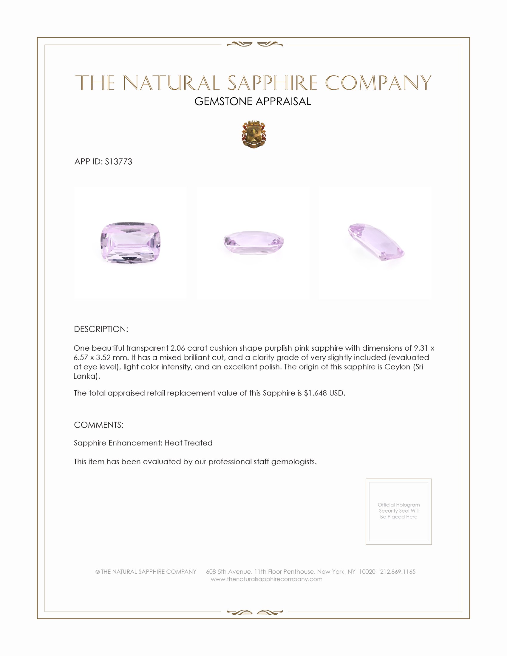 2.06 Ct. Purplish Pink Sapphire from Ceylon (Sri Lanka)