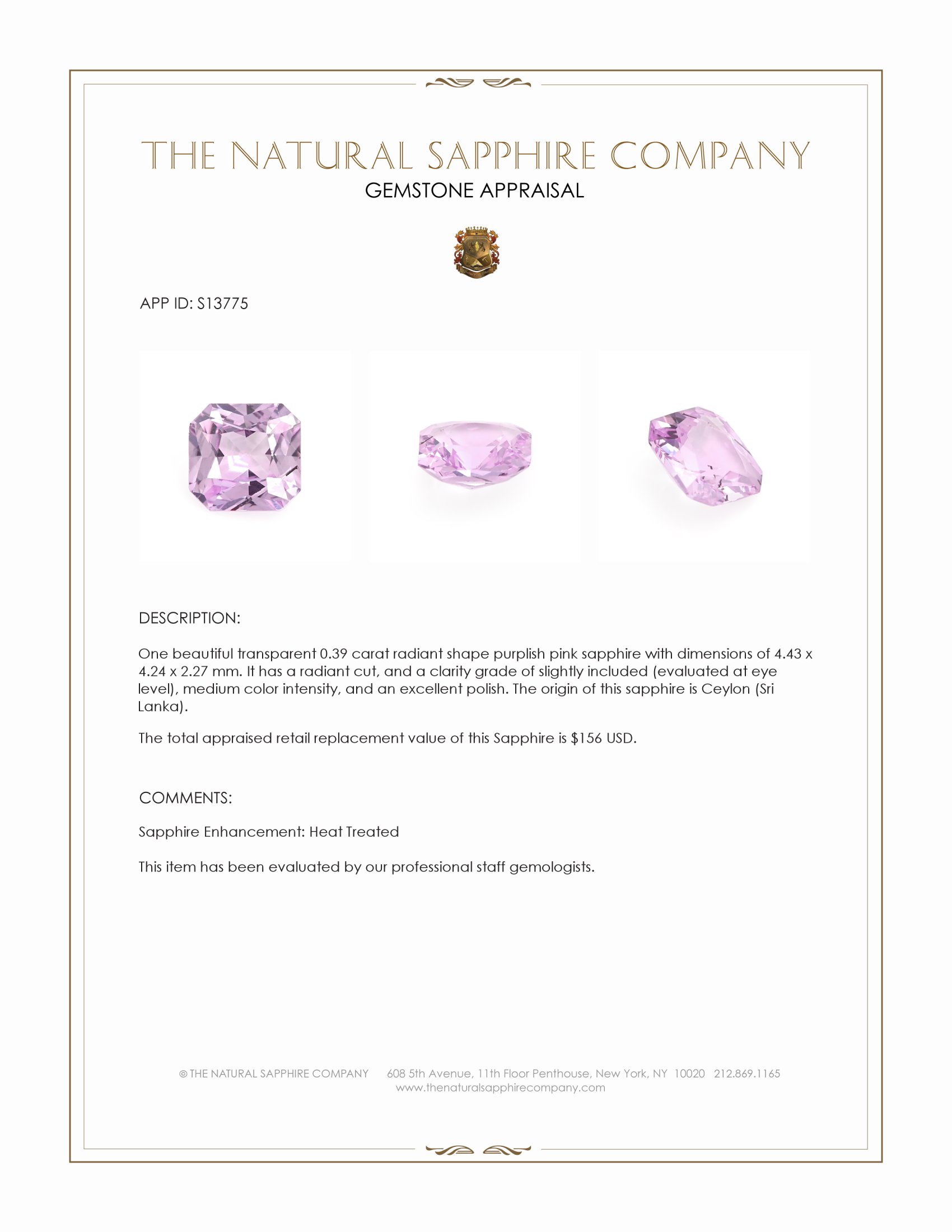 0.39 Ct. Purplish Pink Sapphire from Ceylon (Sri Lanka)