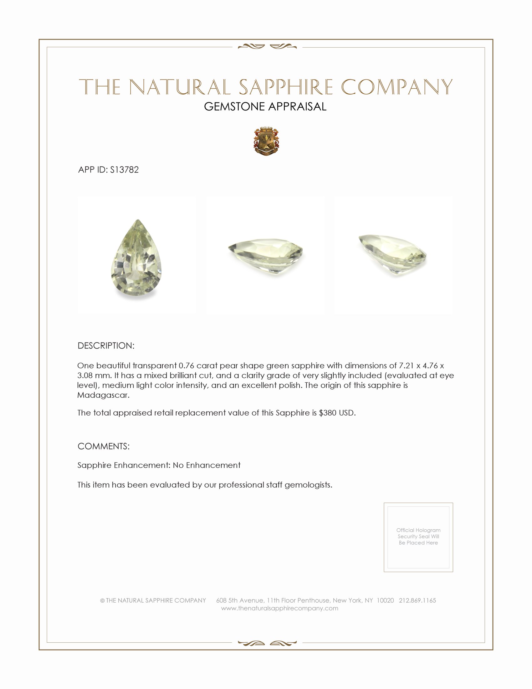 0.76 Ct. Green Sapphire from Madagascar