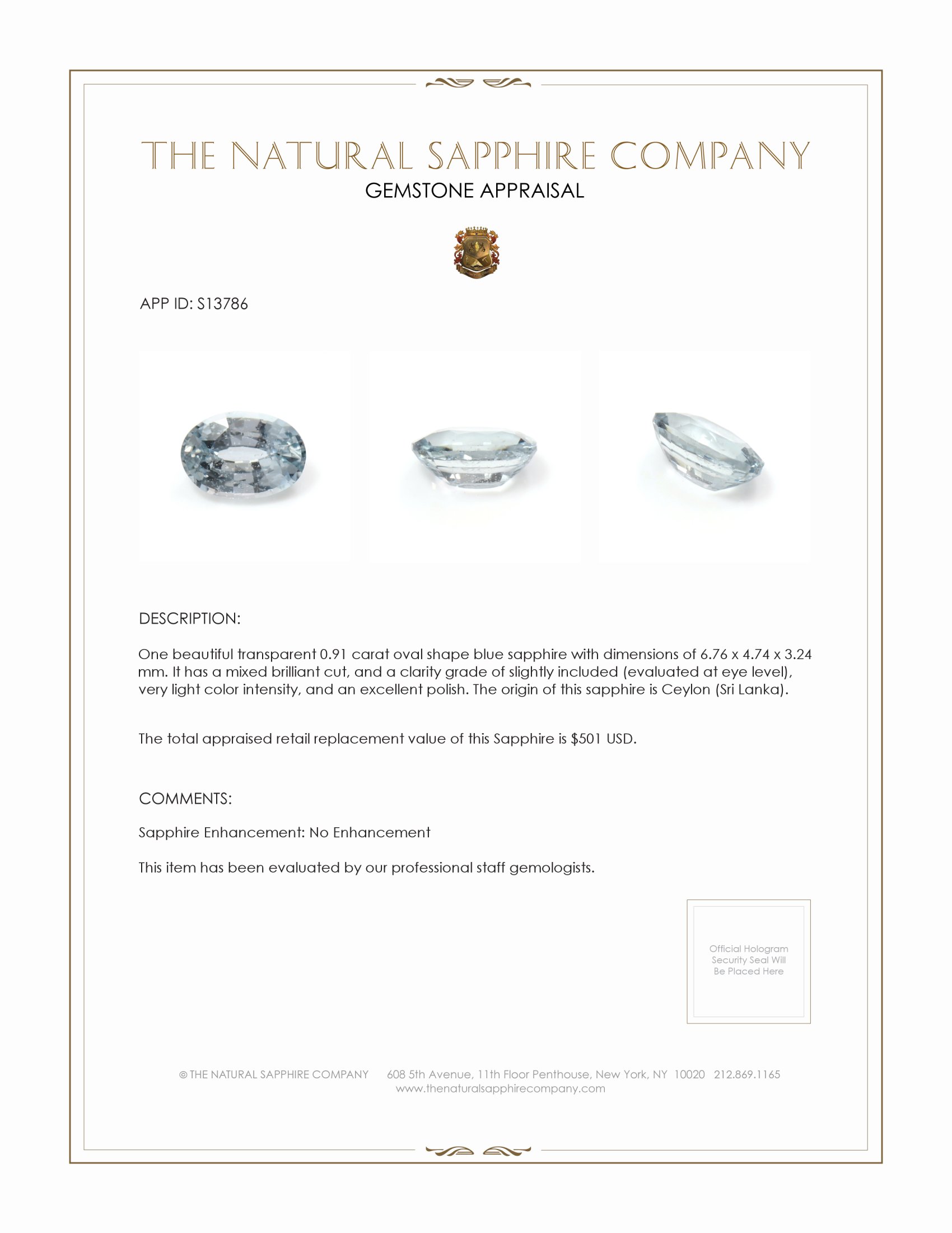 0.91 Ct. Blue Sapphire from Ceylon (Sri Lanka)