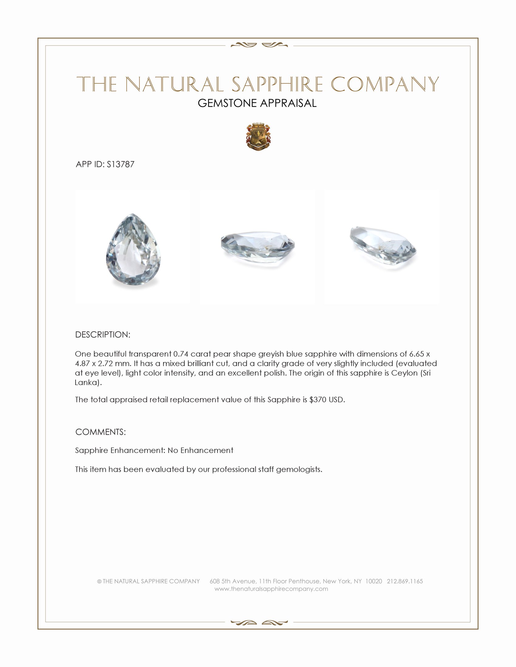 0.74 Ct. Greyish Blue Sapphire from Ceylon (Sri Lanka)