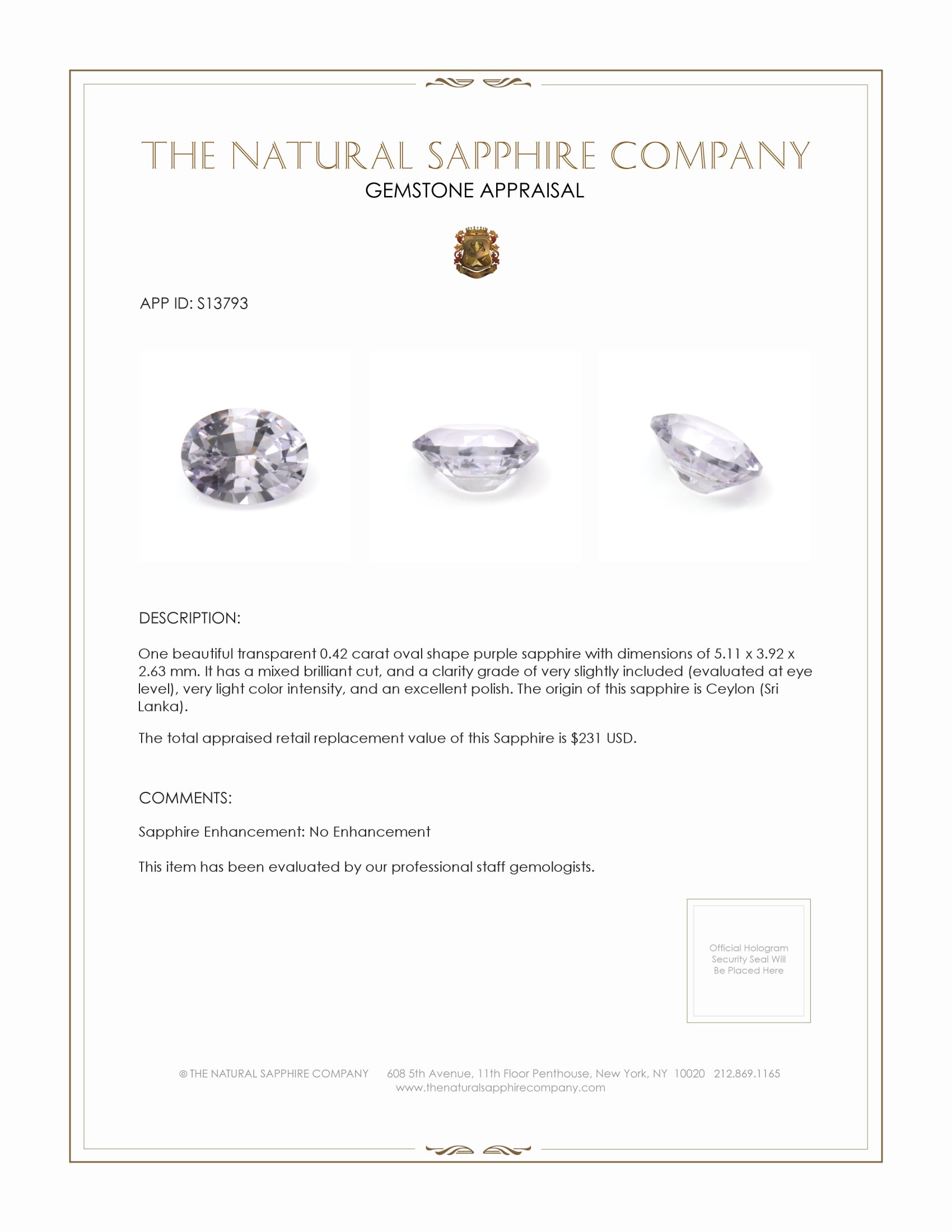 0.42 Ct. Purple Sapphire from Ceylon (Sri Lanka)