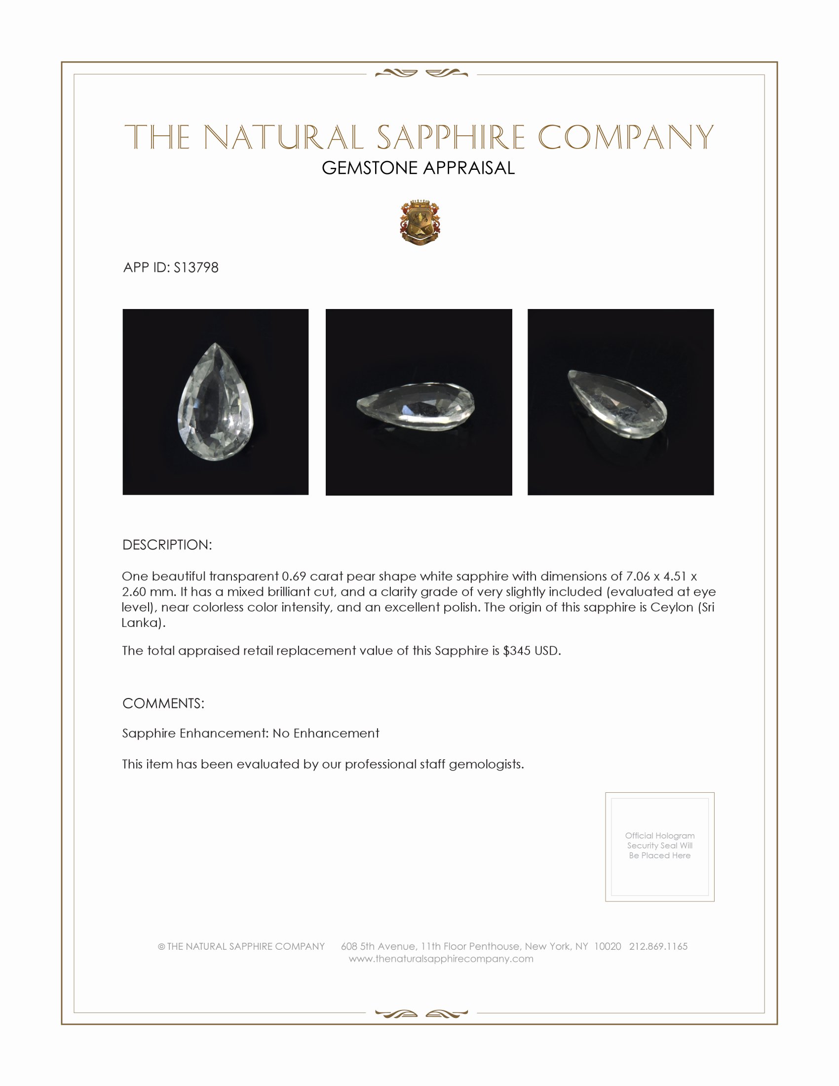 0.69 Ct. White Sapphire from Ceylon (Sri Lanka)