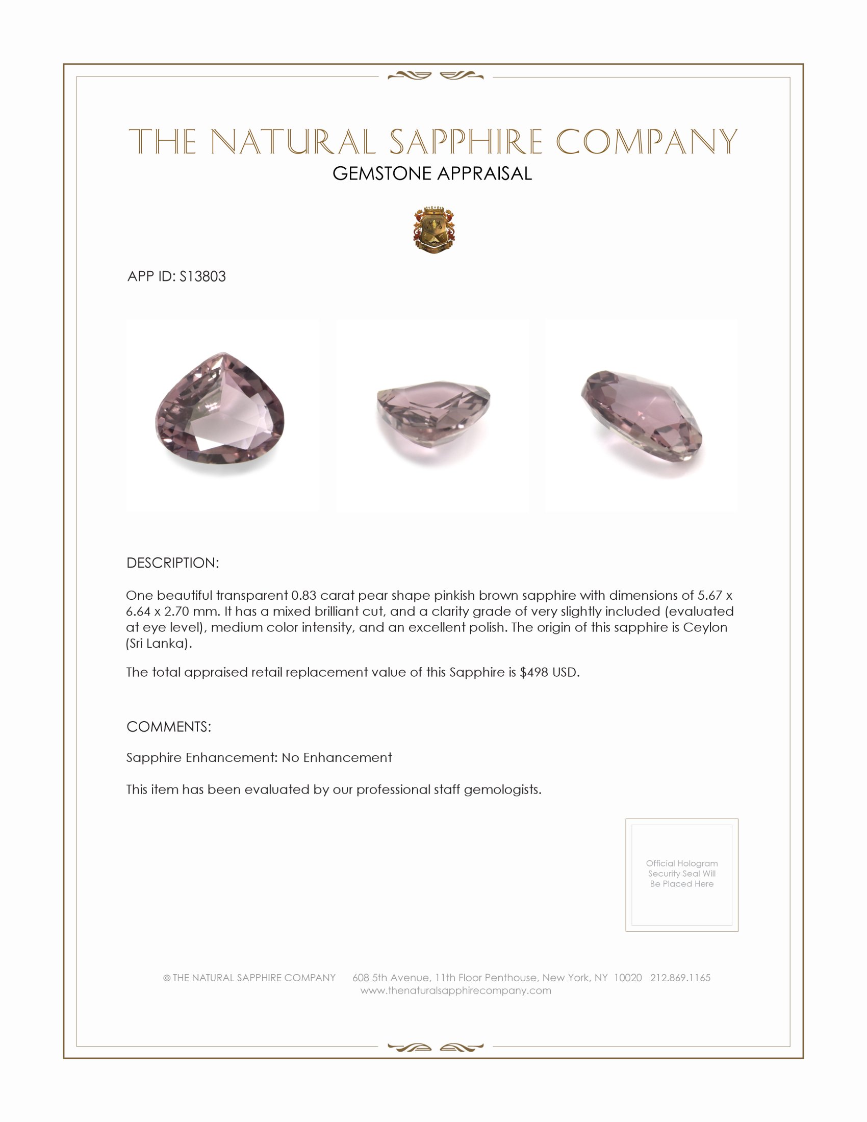 0.83 Ct. Pinkish Brown Sapphire from Ceylon (Sri Lanka)