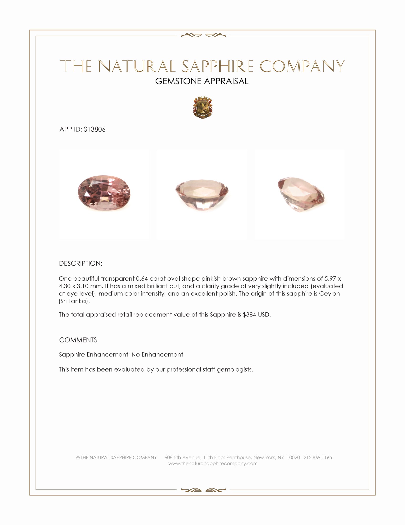 0.64 Ct. Pinkish Brown Sapphire from Ceylon (Sri Lanka)