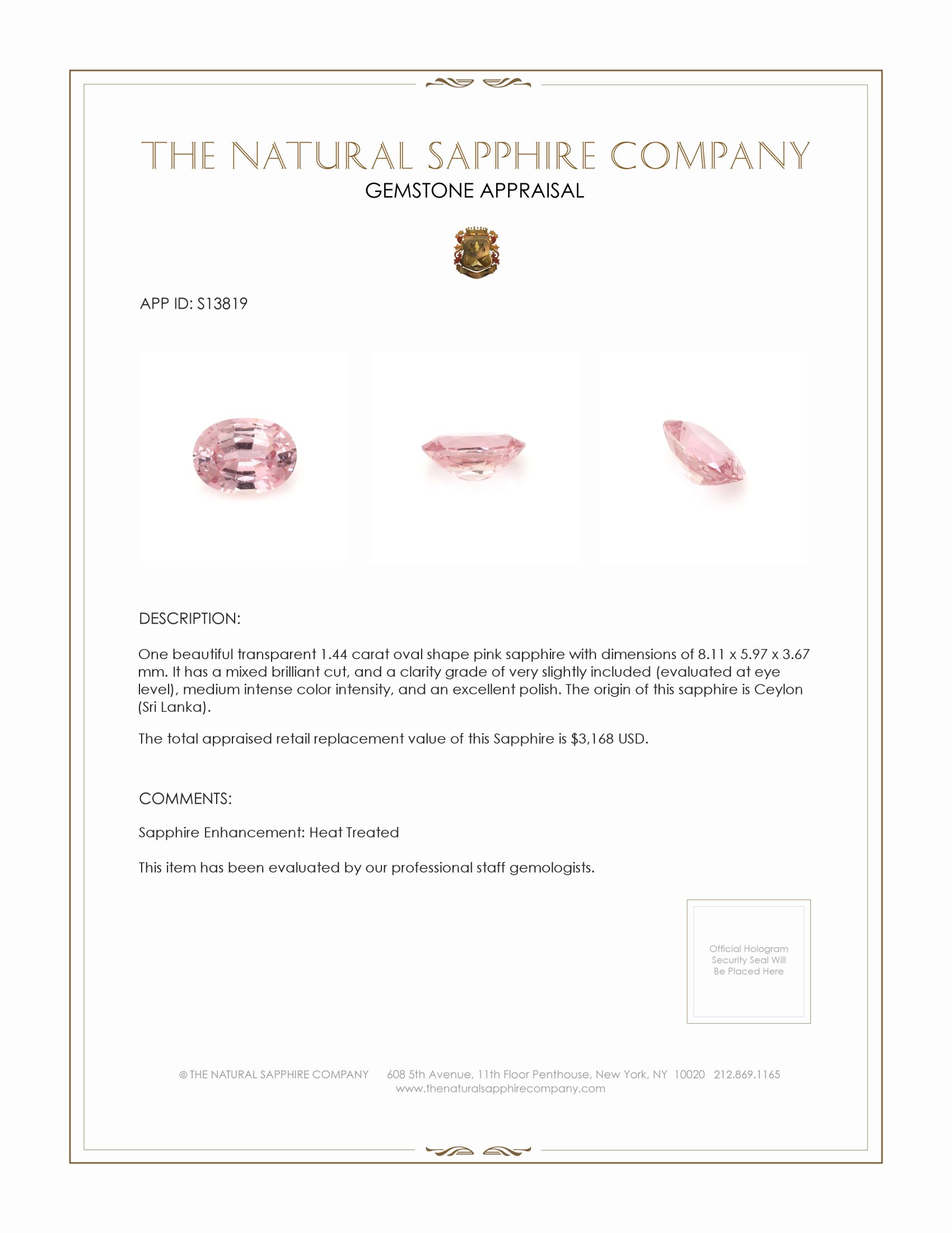 1.44 Ct. Padparadscha Sapphire from Ceylon (Sri Lanka)