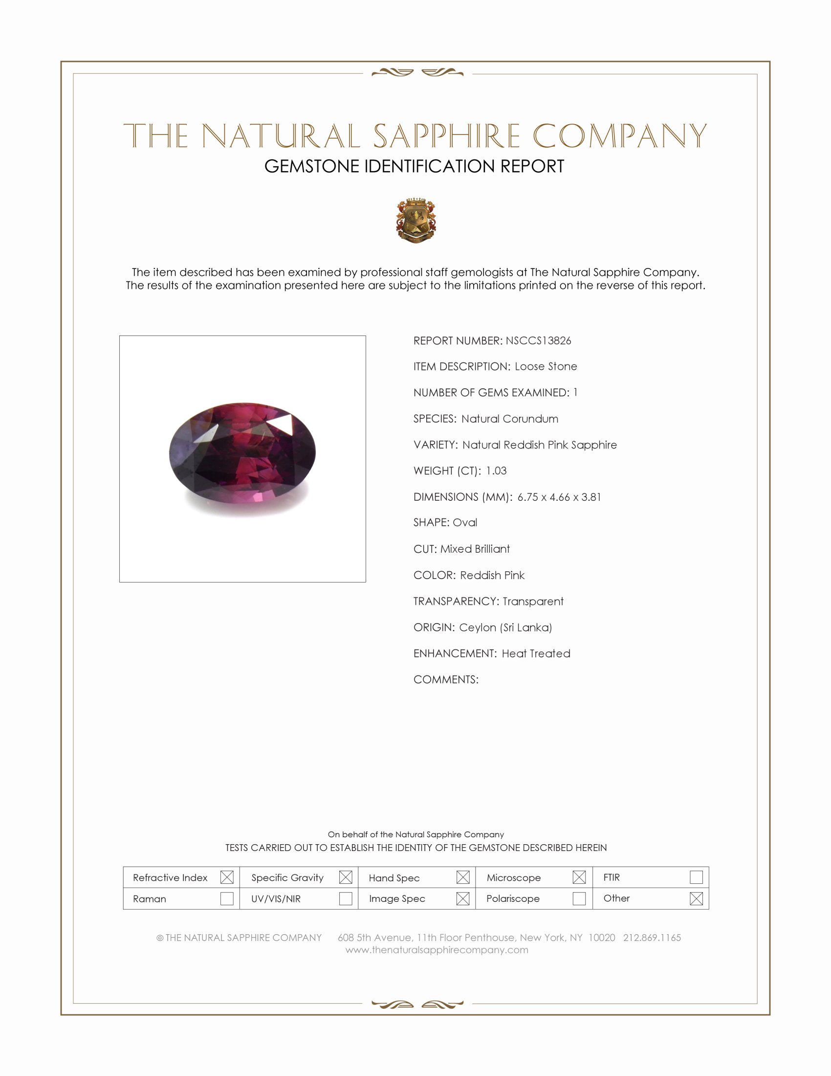 1.03 Ct. Reddish Pink Sapphire from Ceylon (Sri Lanka)
