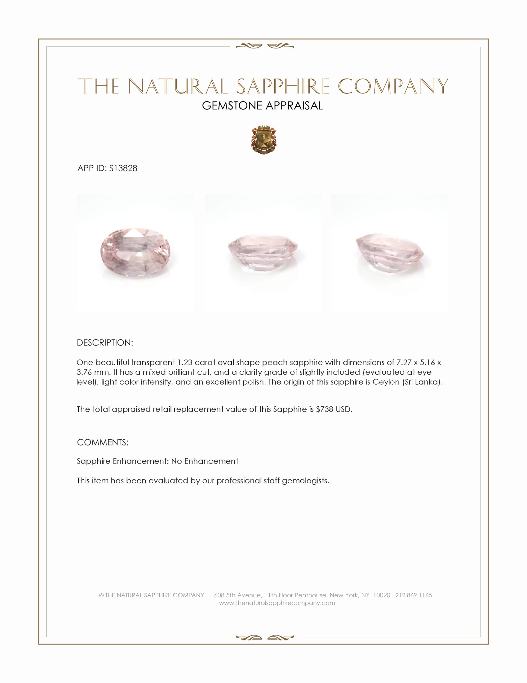 1.23 Ct. Peach Sapphire from Ceylon (Sri Lanka)