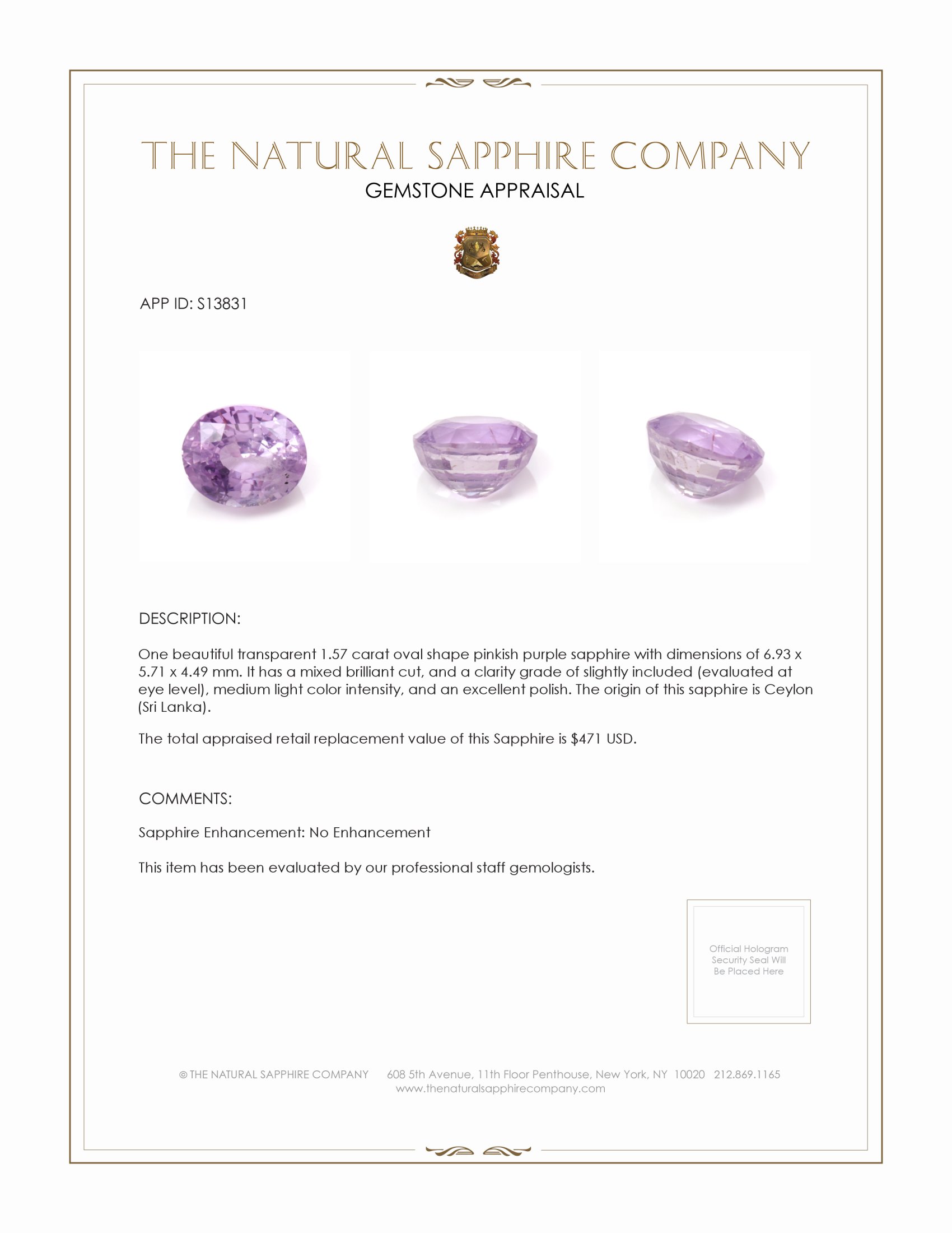 1.57 Ct. Pinkish Purple Sapphire from Ceylon (Sri Lanka)
