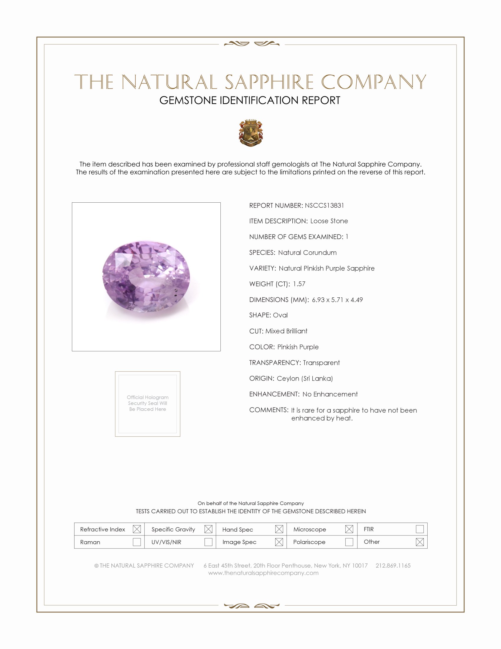 1.57 Ct. Pinkish Purple Sapphire from Ceylon (Sri Lanka)