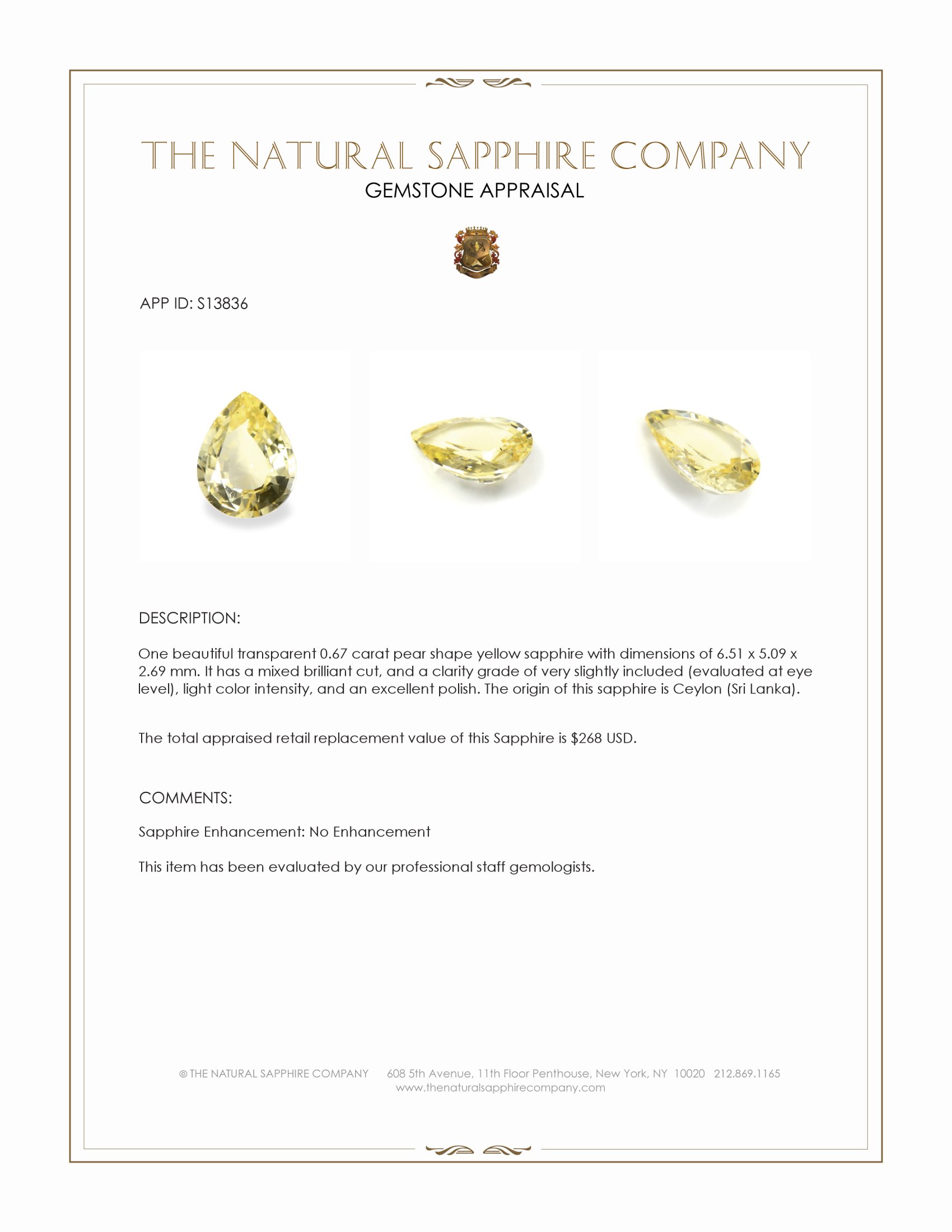 0.67 Ct. Yellow Sapphire from Ceylon (Sri Lanka)