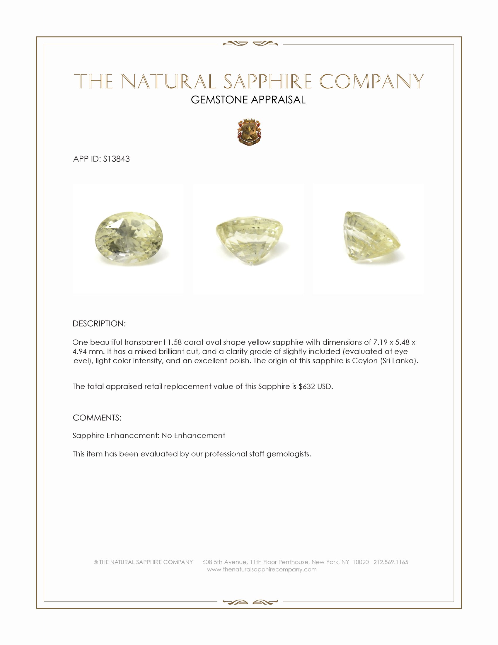 1.58 Ct. Yellow Sapphire from Ceylon (Sri Lanka)