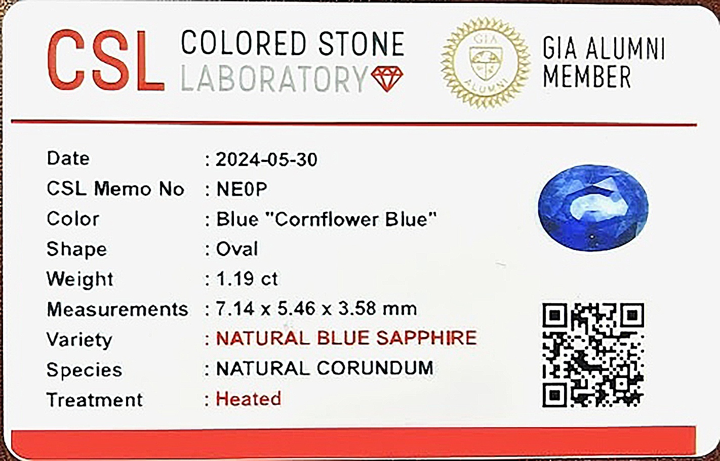 1.18 Ct. Blue Sapphire from Ceylon (Sri Lanka)