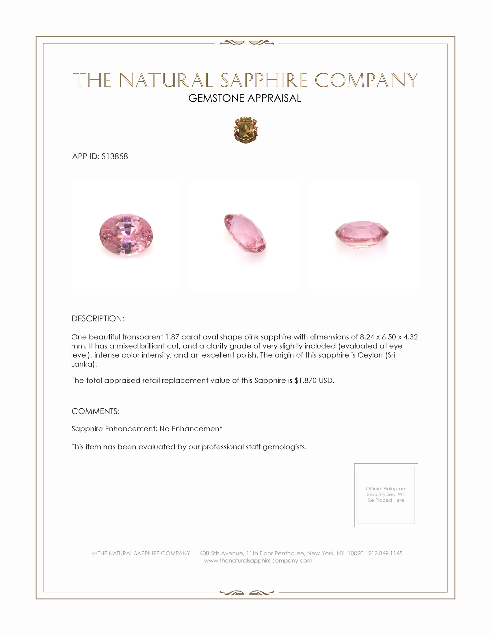 1.87 Ct. Pink Sapphire from Ceylon (Sri Lanka)