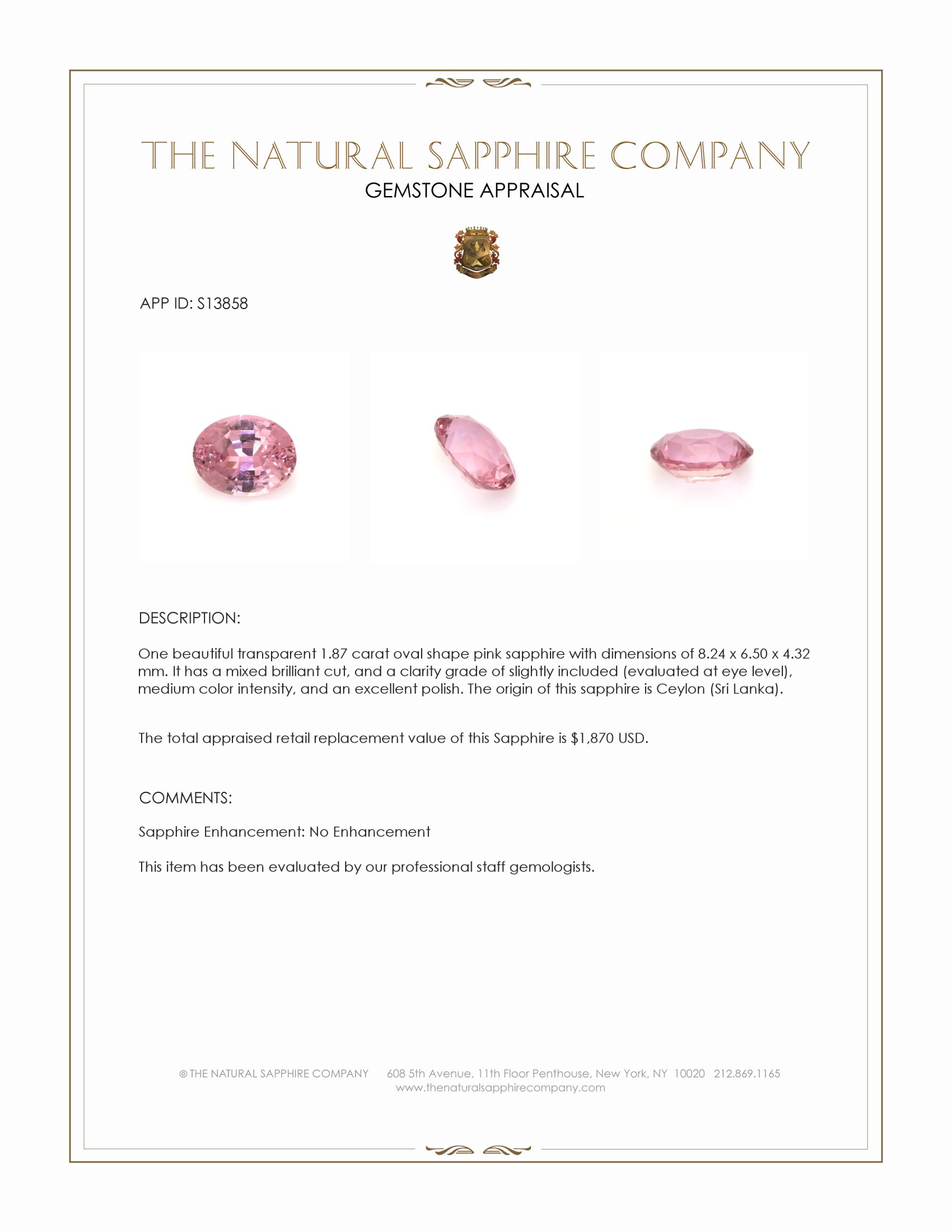 1.87 Ct. Pink Sapphire from Ceylon (Sri Lanka)