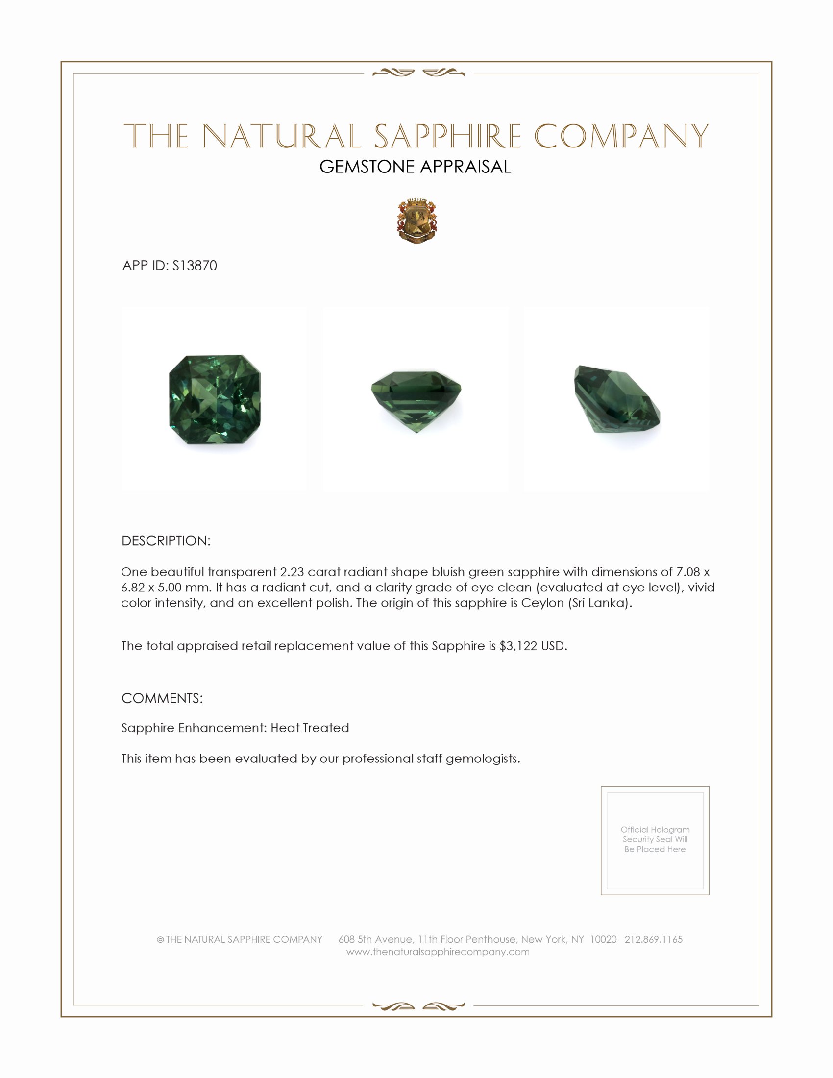 2.23 Ct. Bluish Green Sapphire from Ceylon (Sri Lanka)