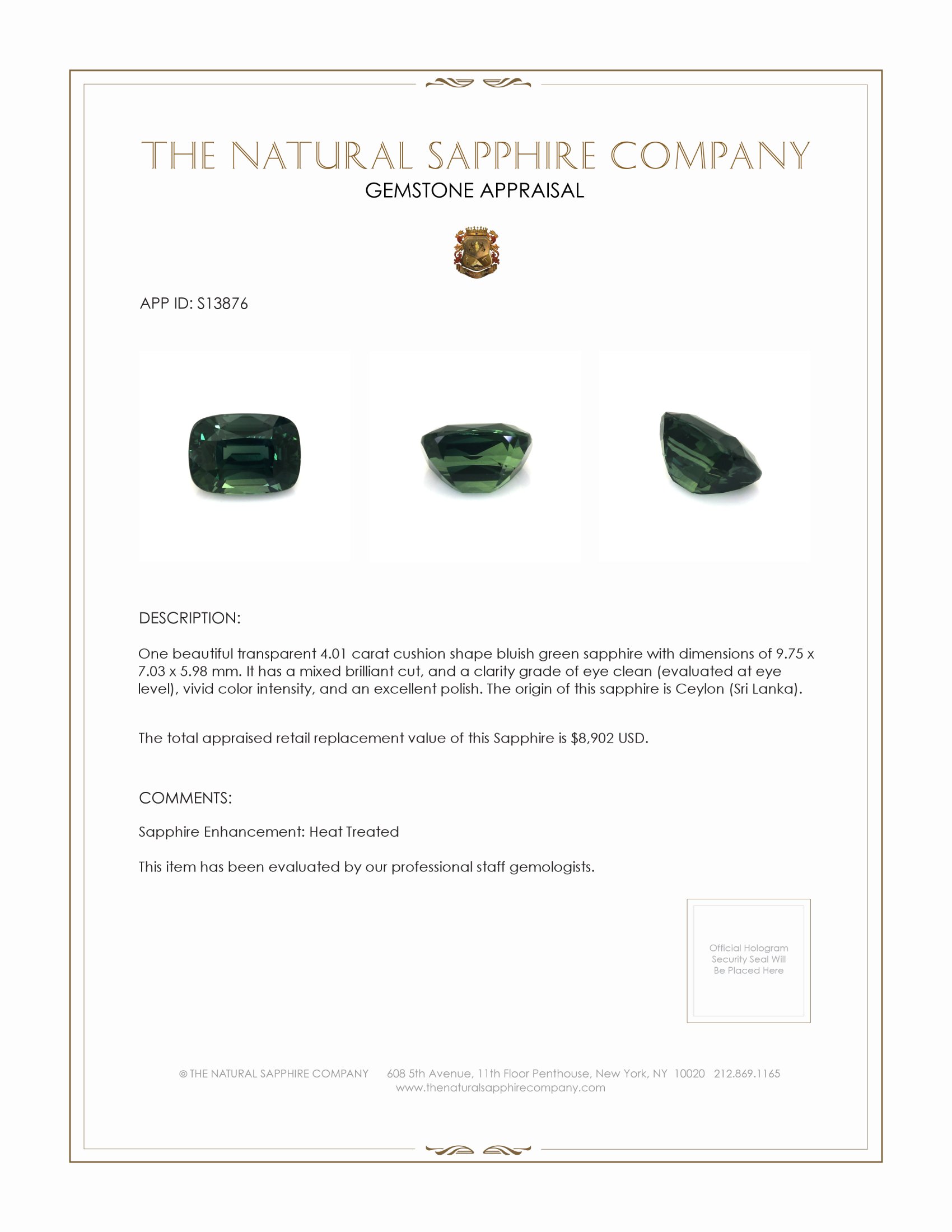 4.01 Ct. Bluish Green Sapphire from Ceylon (Sri Lanka)
