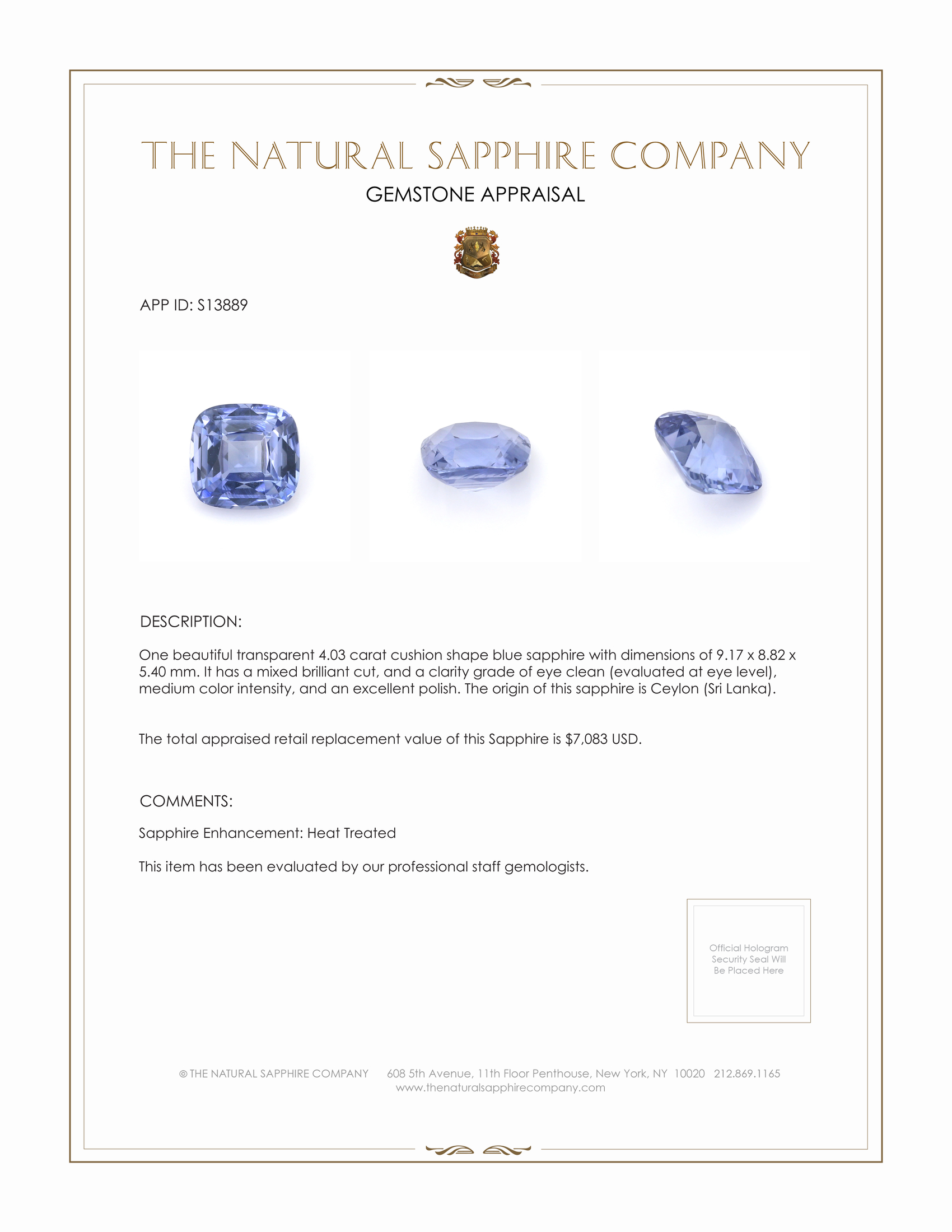 4.03 Ct. Blue Sapphire from Ceylon (Sri Lanka)