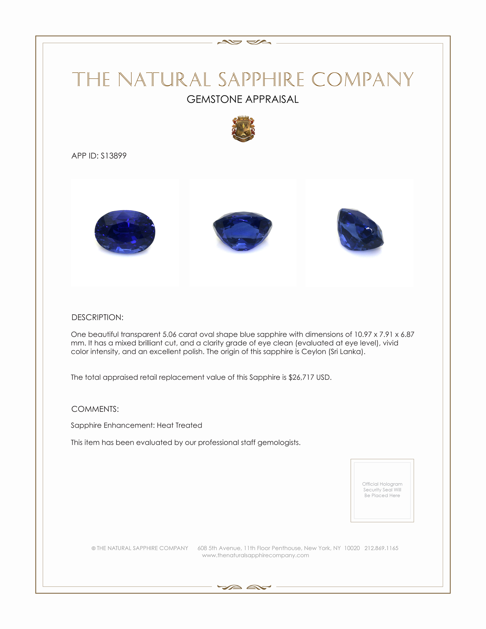 5.06 Ct. Blue Sapphire from Ceylon (Sri Lanka)