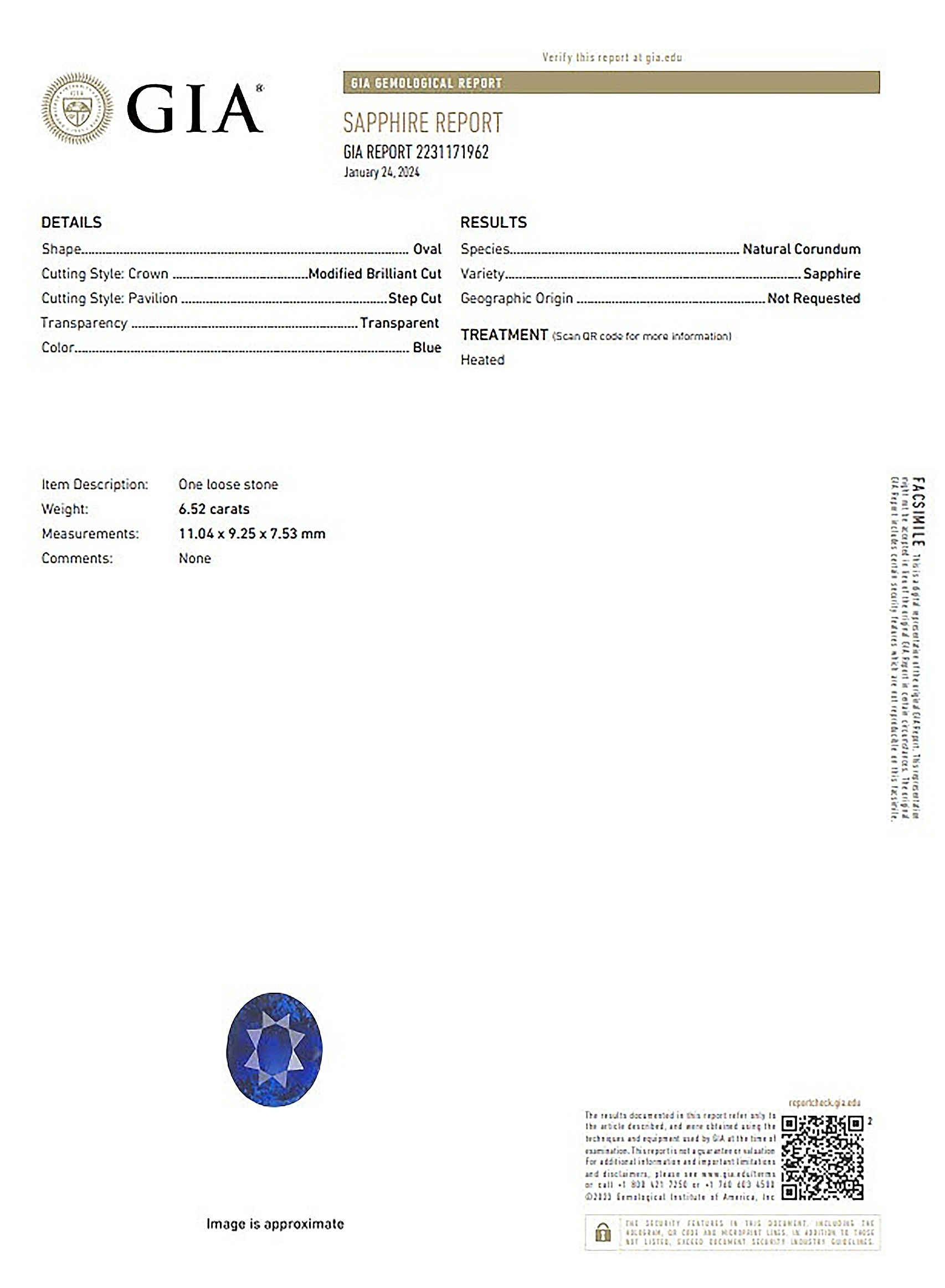 6.52 Ct. Blue Sapphire from Ceylon (Sri Lanka)