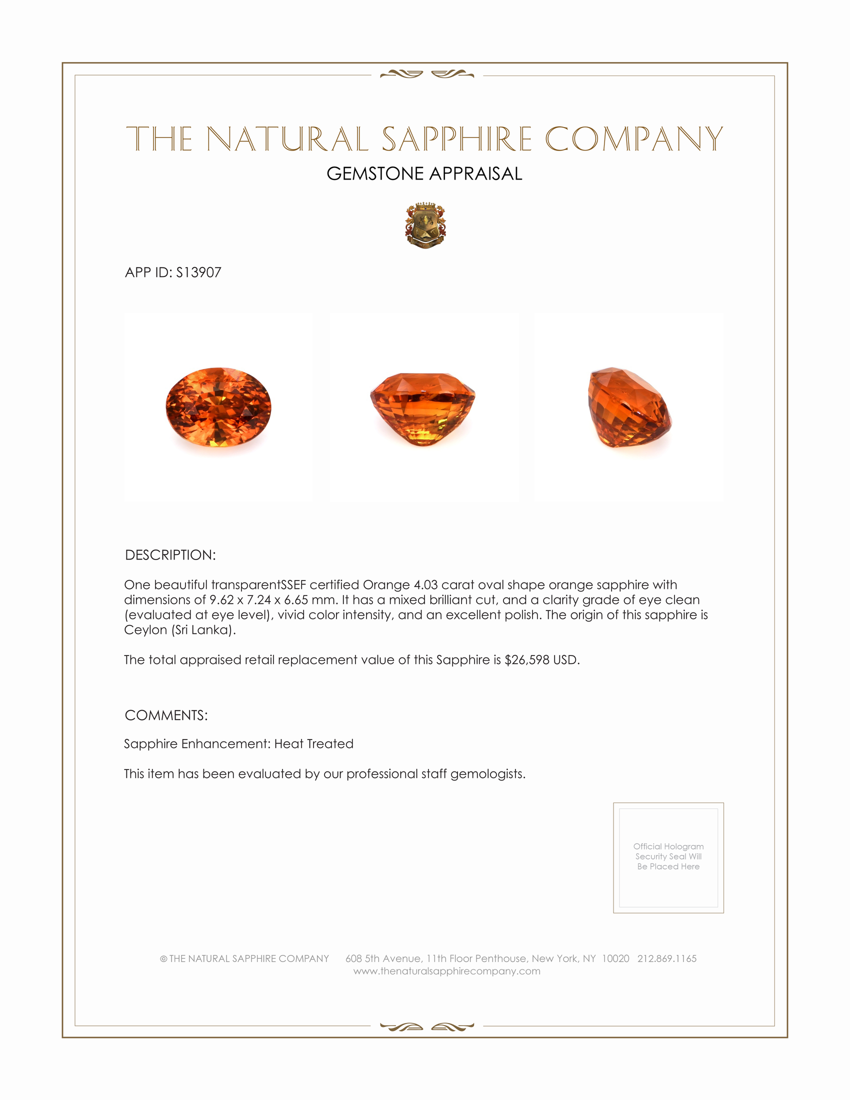 4.03 Ct. Orange Sapphire from Ceylon (Sri Lanka)