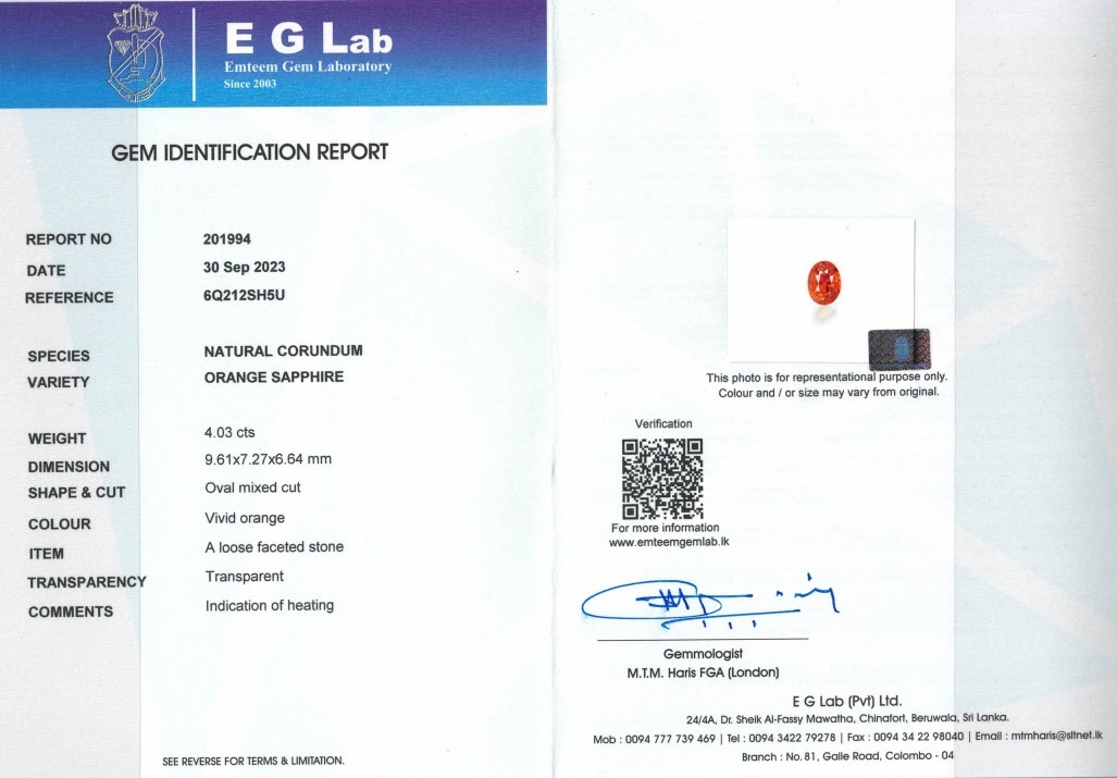 4.03 Ct. Orange Sapphire from Ceylon (Sri Lanka)